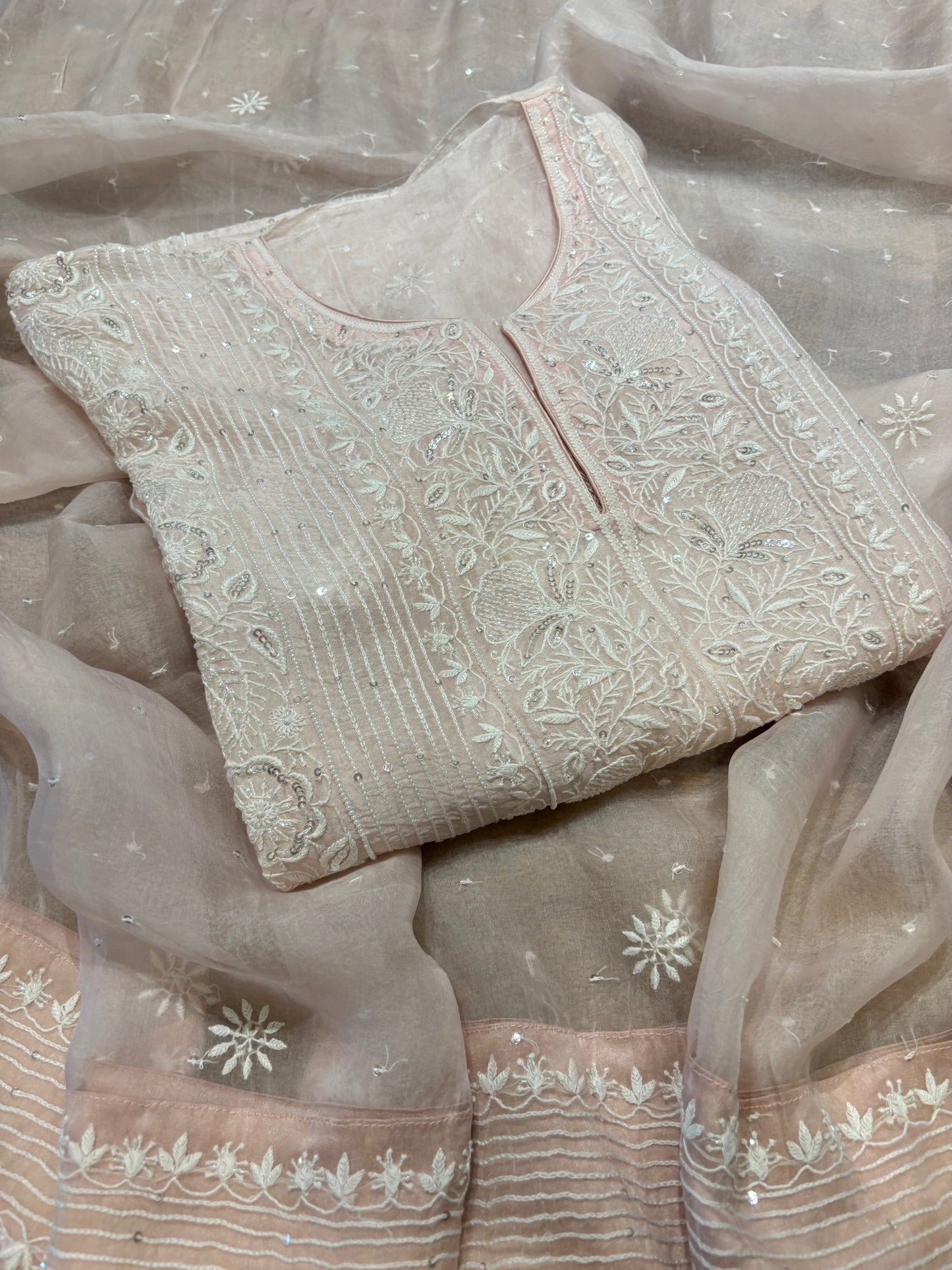Blush Pink Organza Silk Chikankari Kurta and Dupatta
