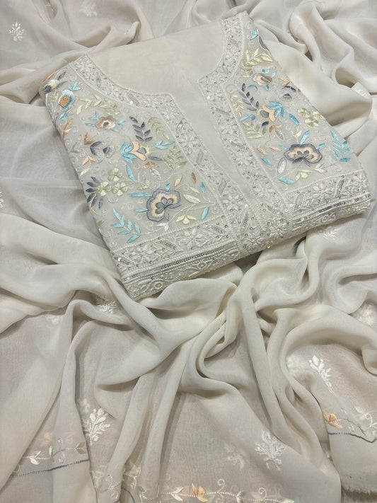 Dyeable Pure Georgette Chikankari and Parsi Garha Kurta and Dupatta Fabric