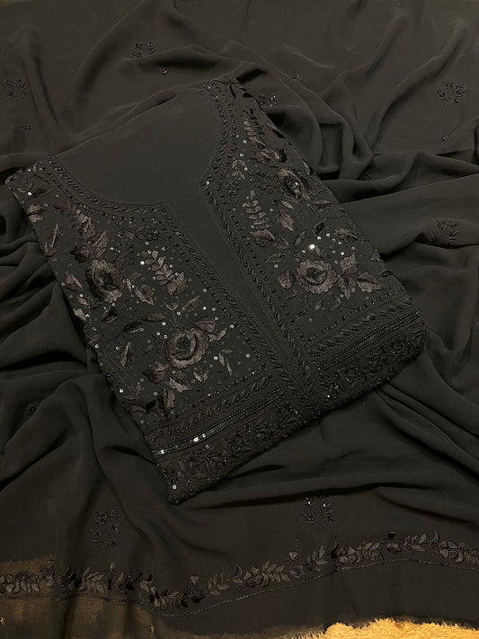 Black Pure Georgette Chikankari and Parsi Garha Kurta and Dupatta Fabric