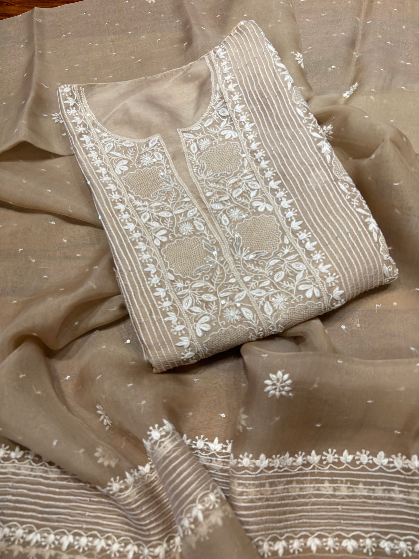 Coffee Latte Organza Silk Chikankari Kurta and Dupatta