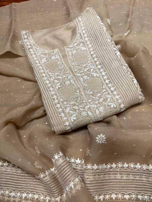 Coffee Latte Organza Silk Chikankari Kurta and Dupatta