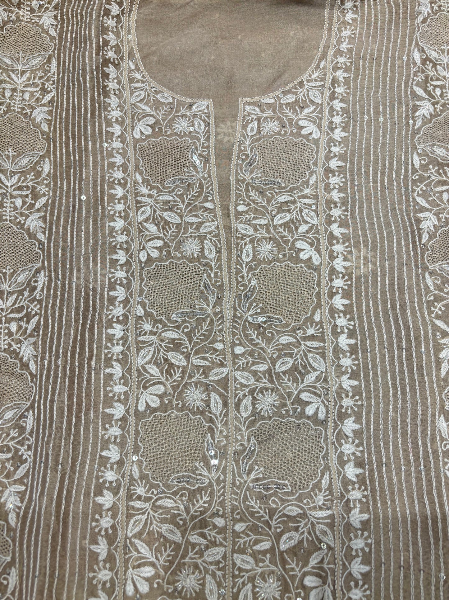 Coffee Latte Organza Silk Chikankari Kurta and Dupatta