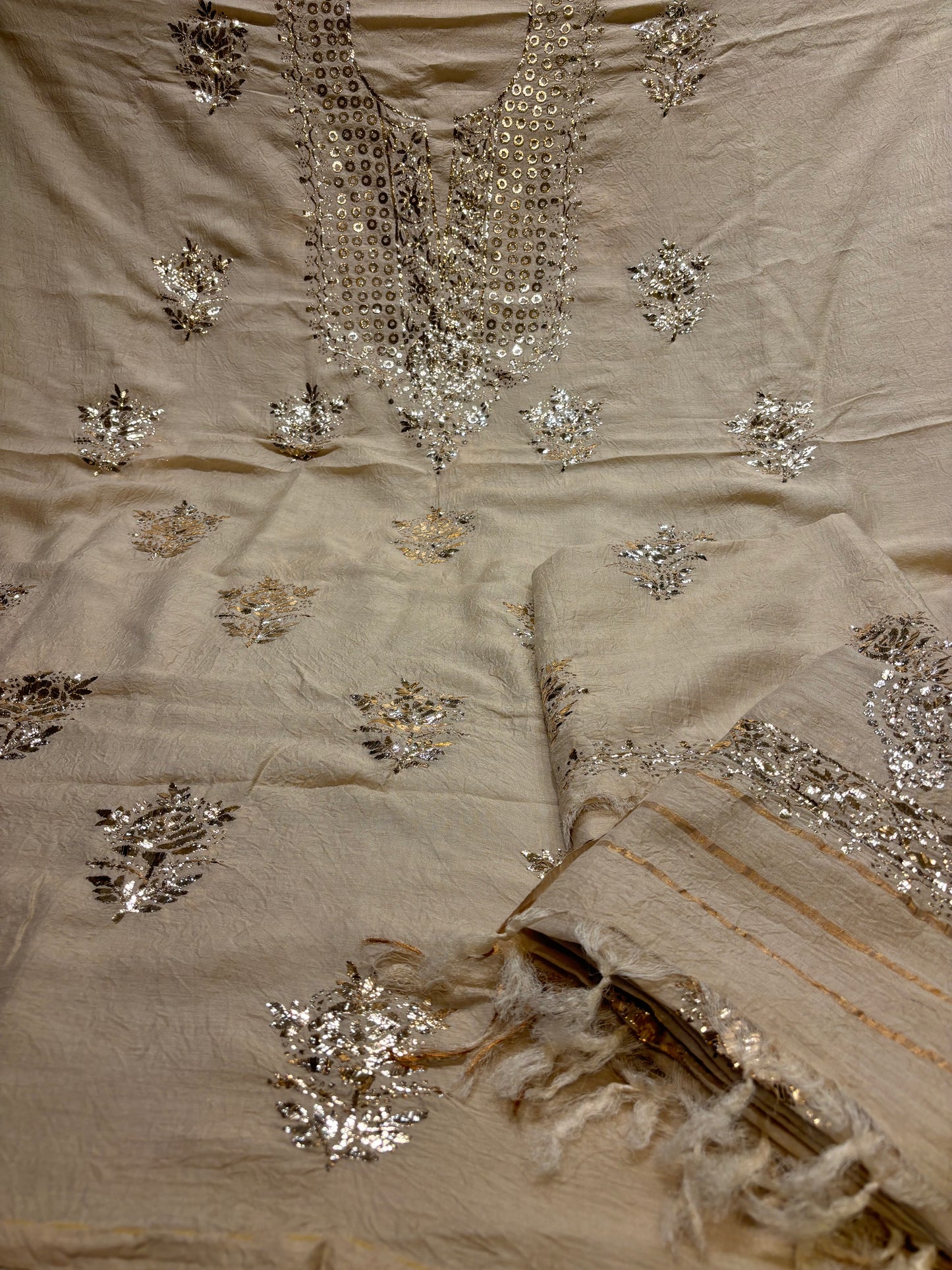 Natural Monga Silk Badla 3pc Suit Set Fabric