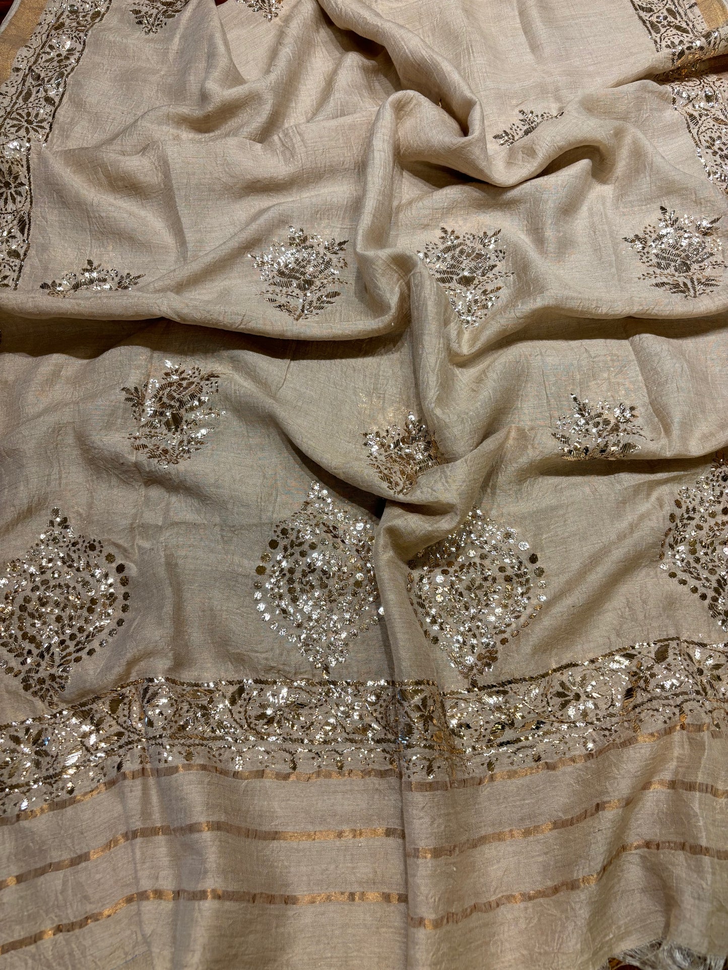 Natural Monga Silk Badla 3pc Suit Set Fabric