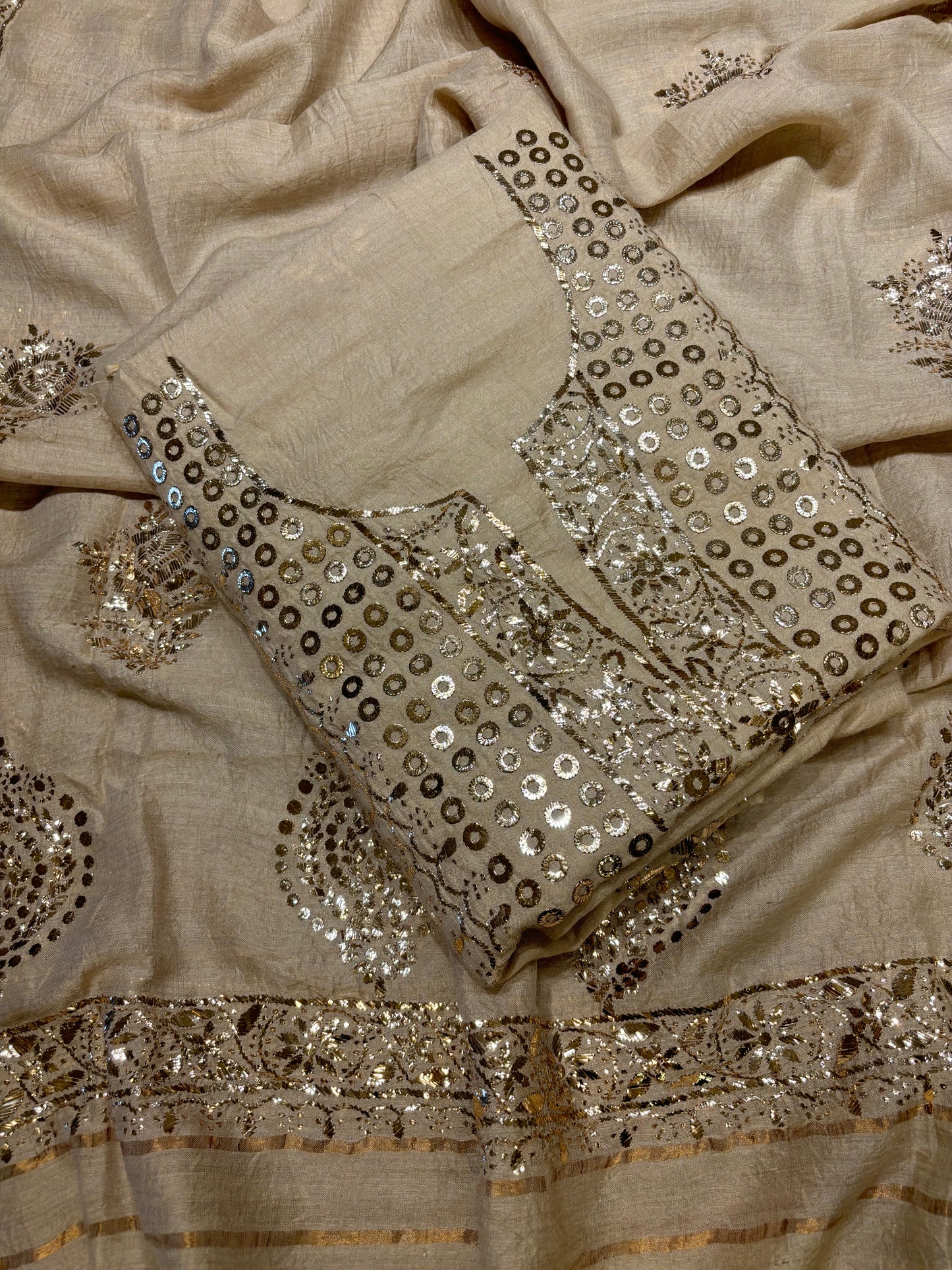 Natural Monga Silk Badla 3pc Suit Set Fabric