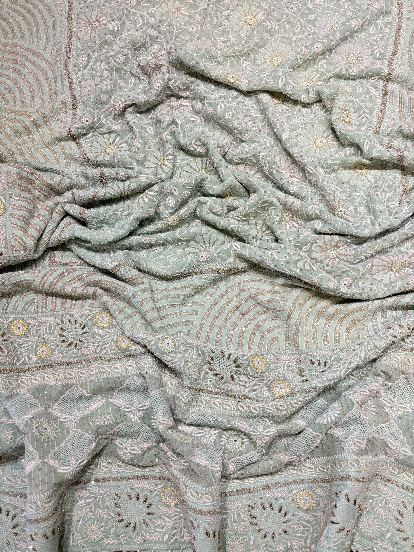 Sea Foam Pure Georgette Chikankari Kurta and Dupatta Fabric