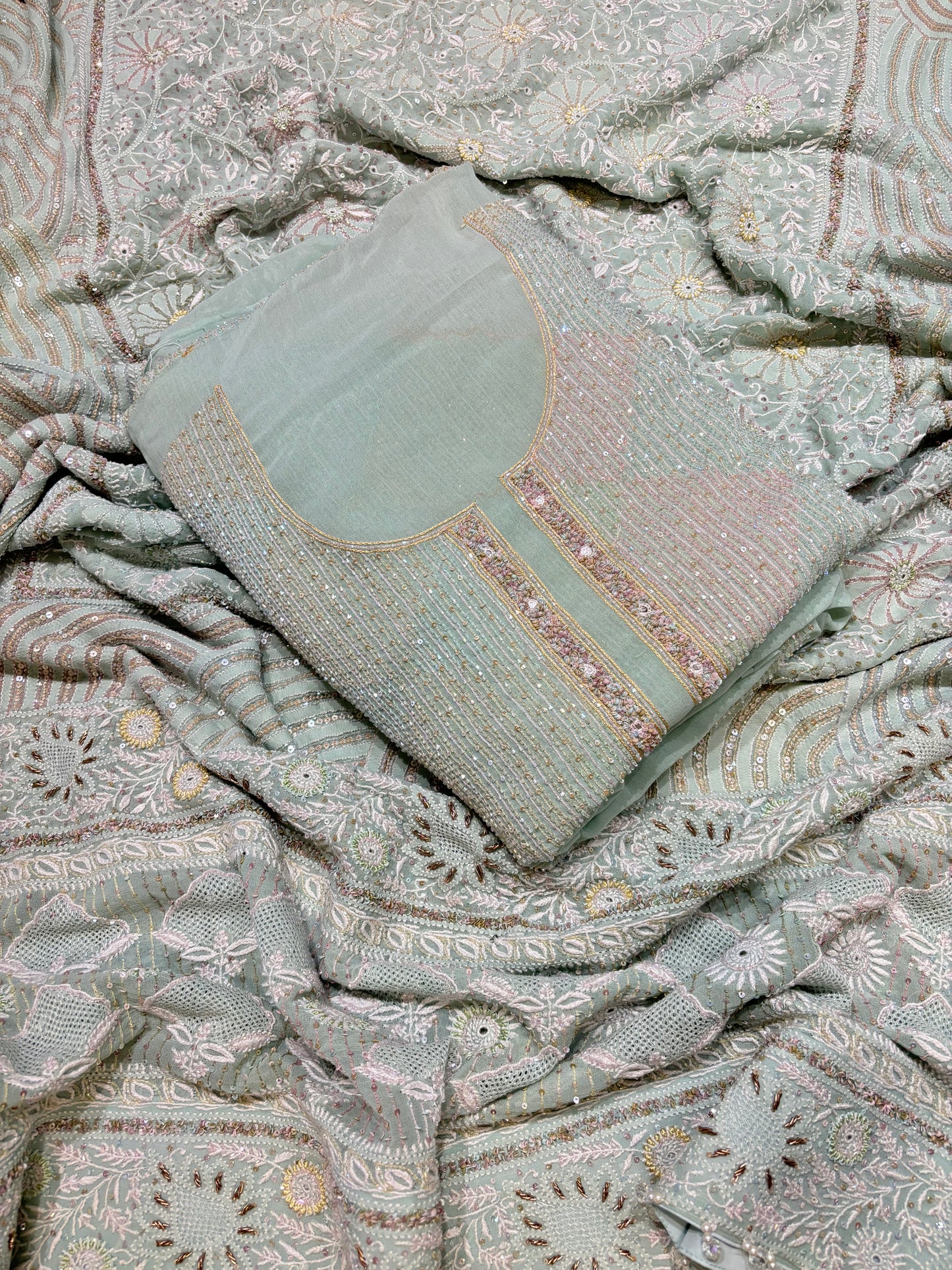 Sea Foam Pure Georgette Chikankari Kurta and Dupatta Fabric