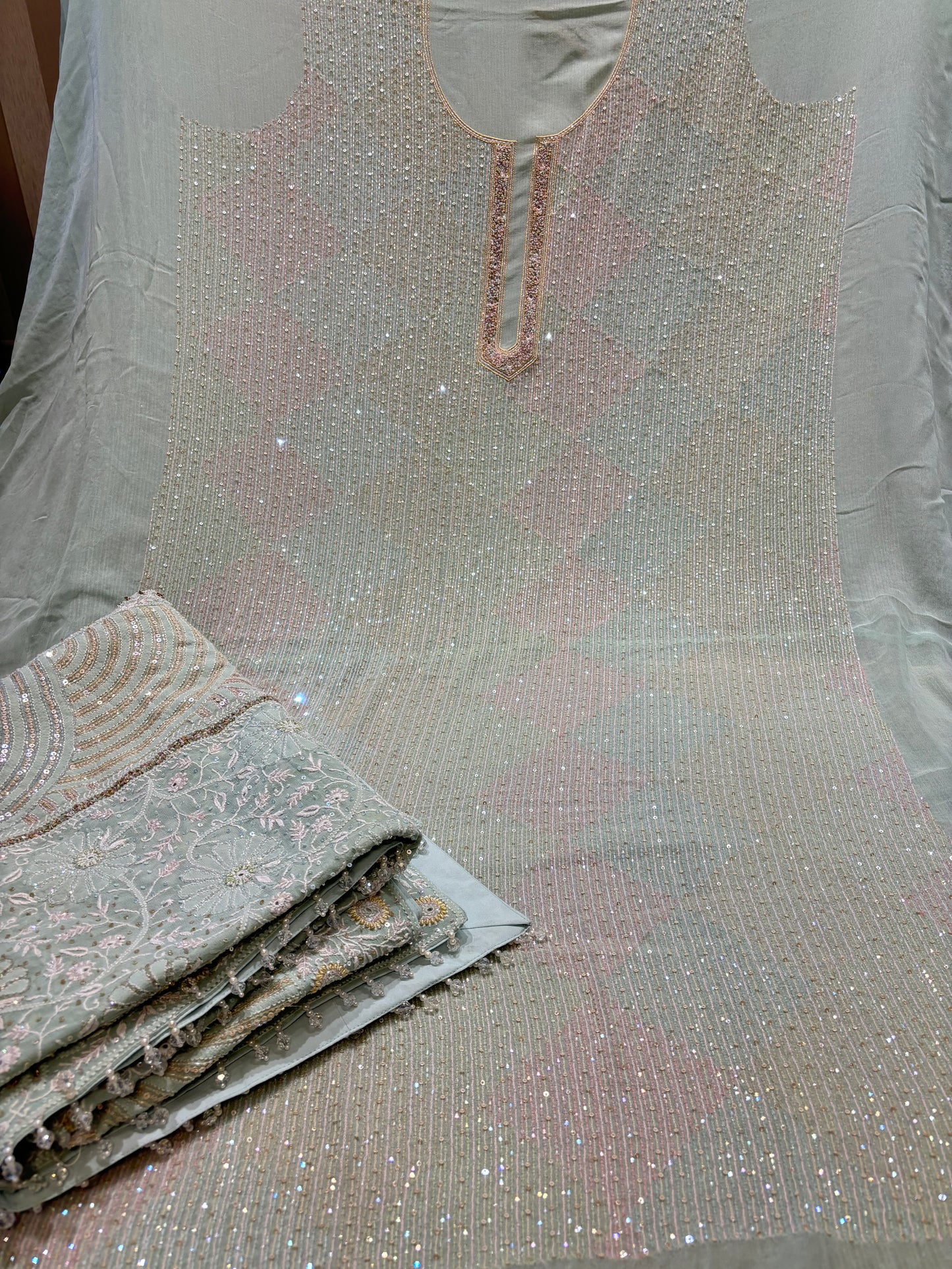 Sea Foam Pure Georgette Chikankari Kurta and Dupatta Fabric