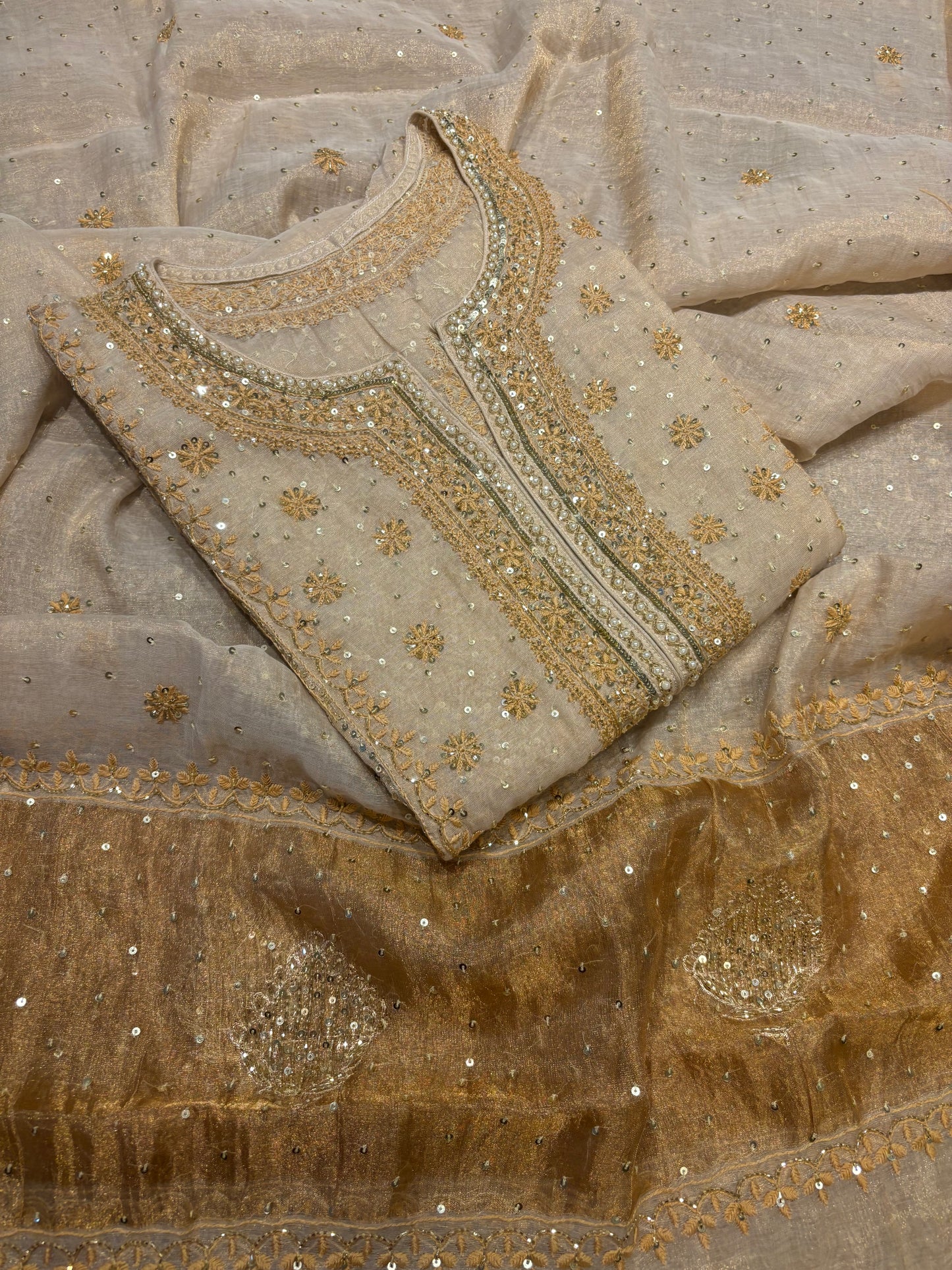 Dyeable Golden Pure Tissue Chikankari Kurta and Dupatta
