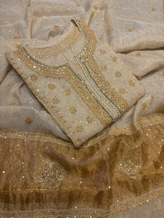 Dyeable Golden Pure Tissue Chikankari Kurta and Dupatta