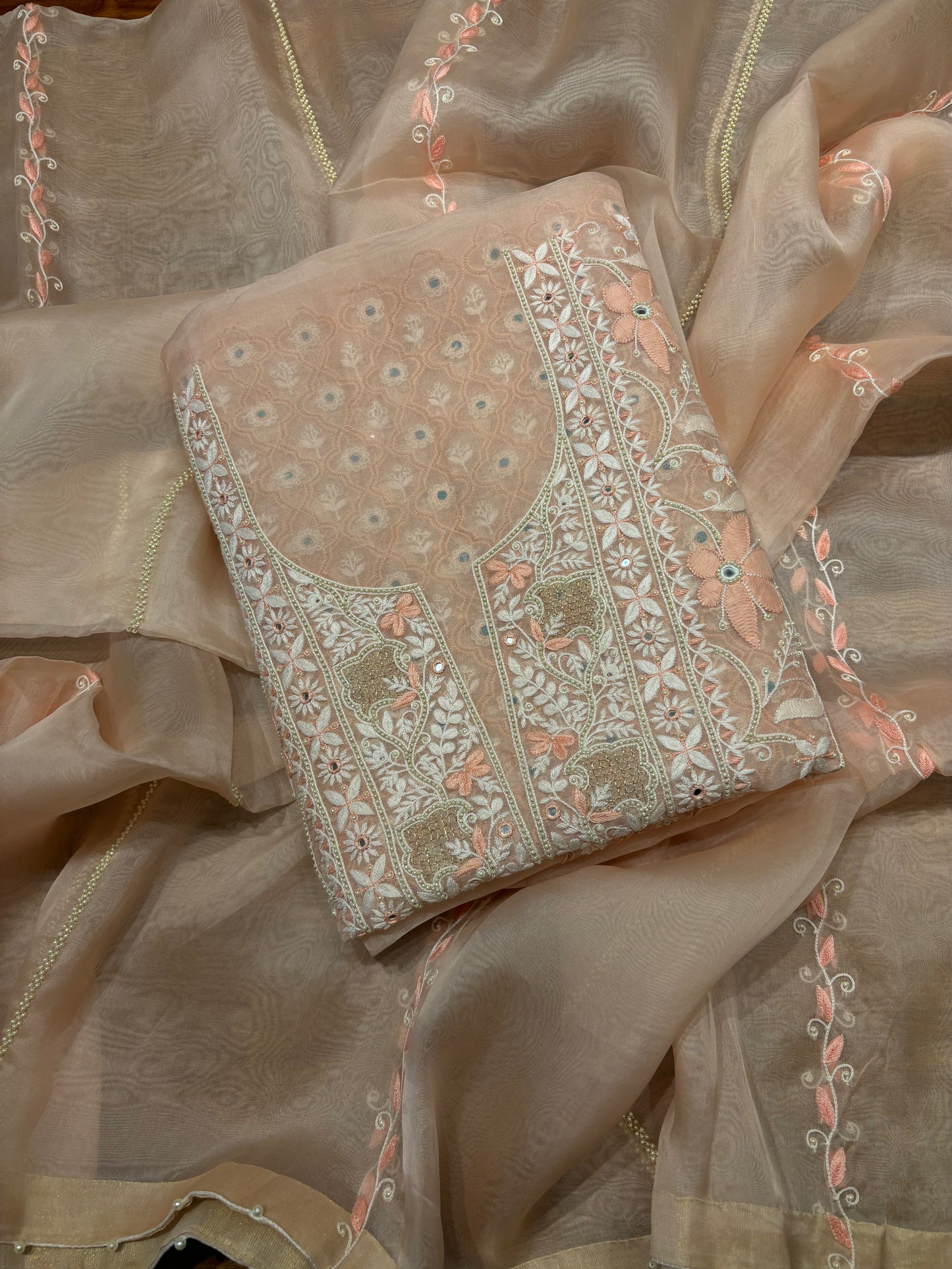 Nude Peach Organza Silk Chikankari Kurta and Dupatta Fabric