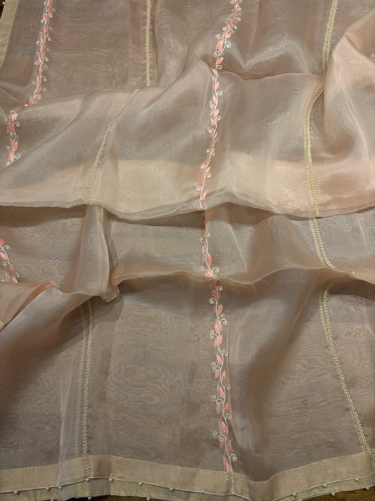 Nude Peach Organza Silk Chikankari Kurta and Dupatta Fabric