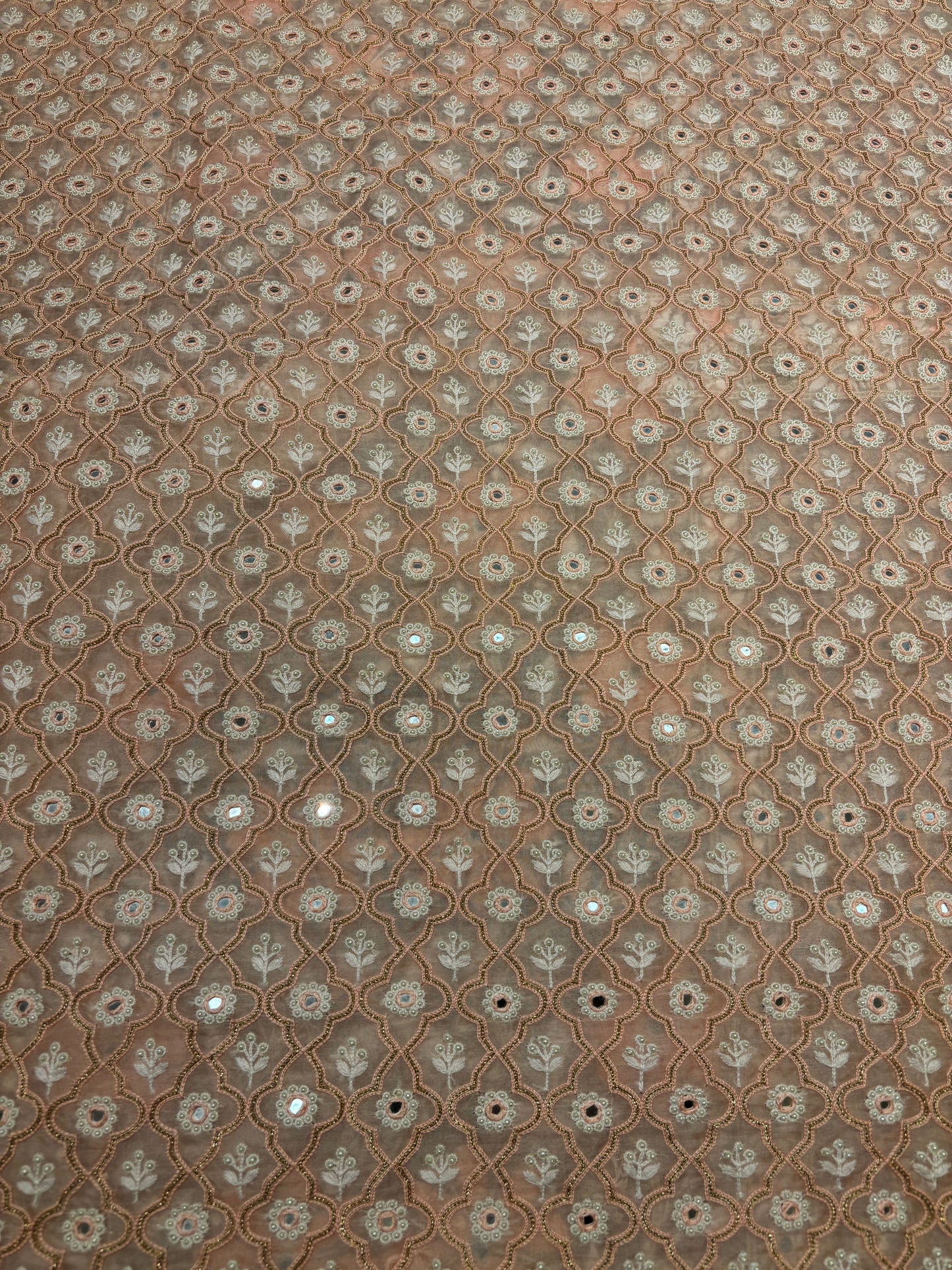 Nude Peach Organza Silk Chikankari Kurta and Dupatta Fabric