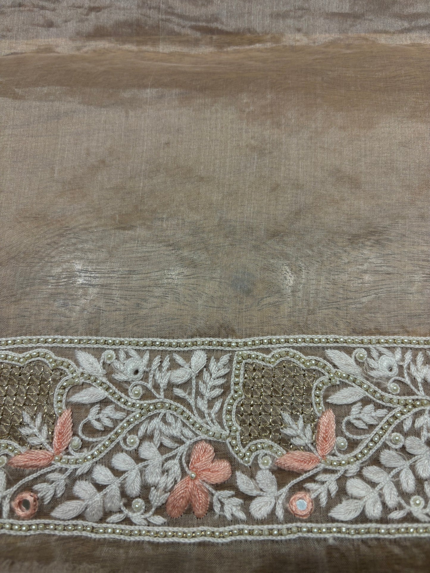 Nude Peach Organza Silk Chikankari Kurta and Dupatta Fabric