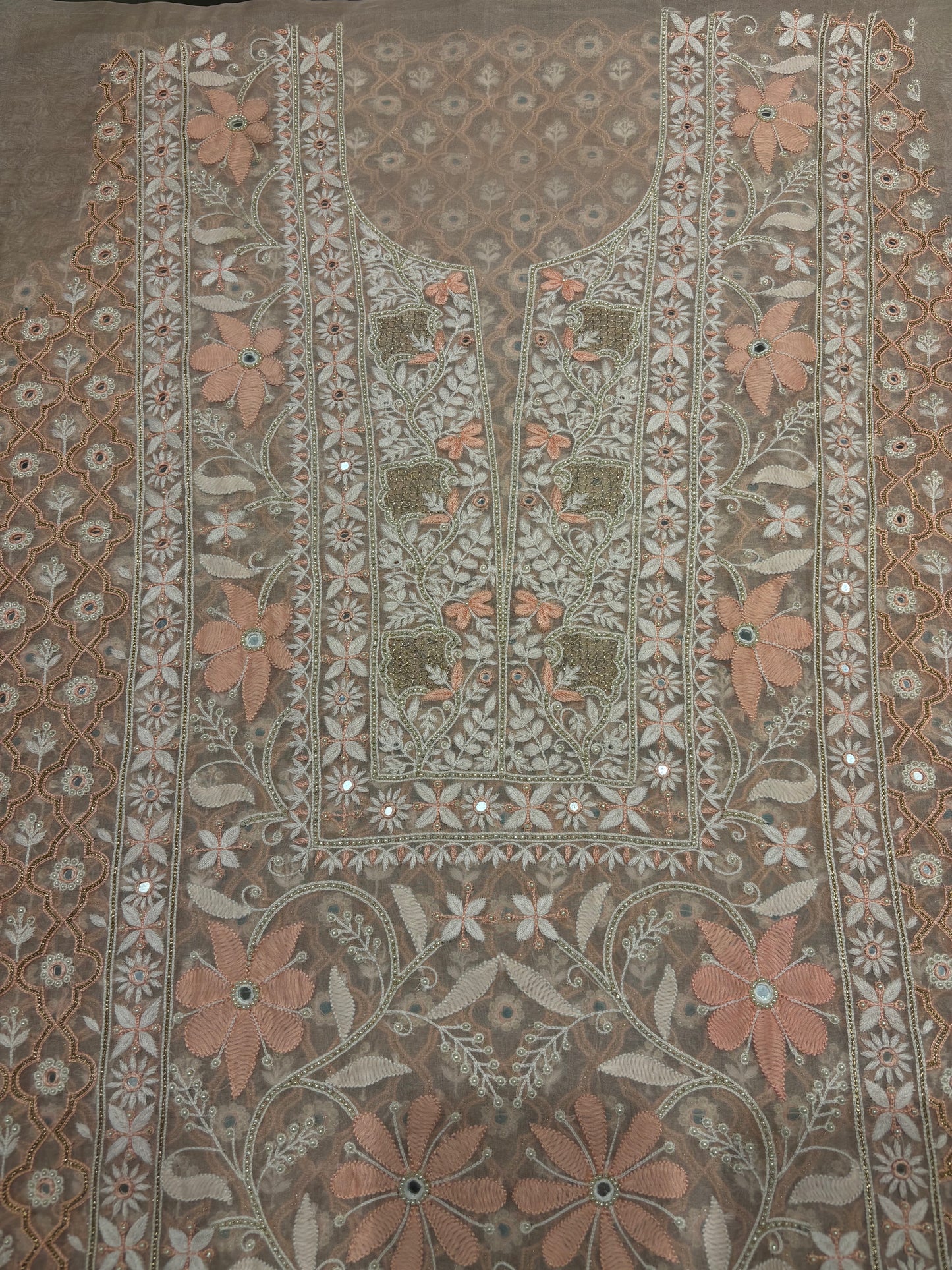 Nude Peach Organza Silk Chikankari Kurta and Dupatta Fabric