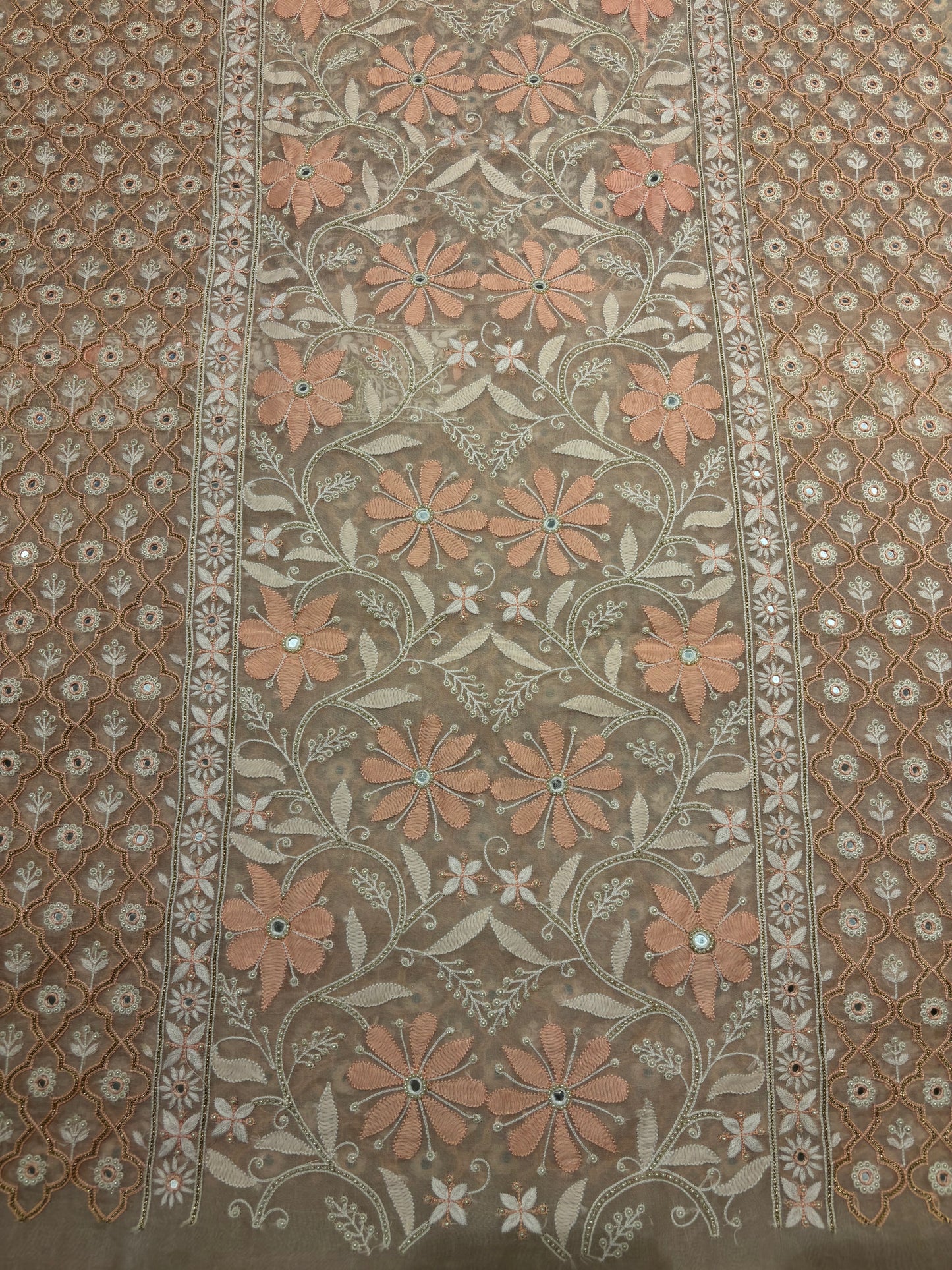 Nude Peach Organza Silk Chikankari Kurta and Dupatta Fabric
