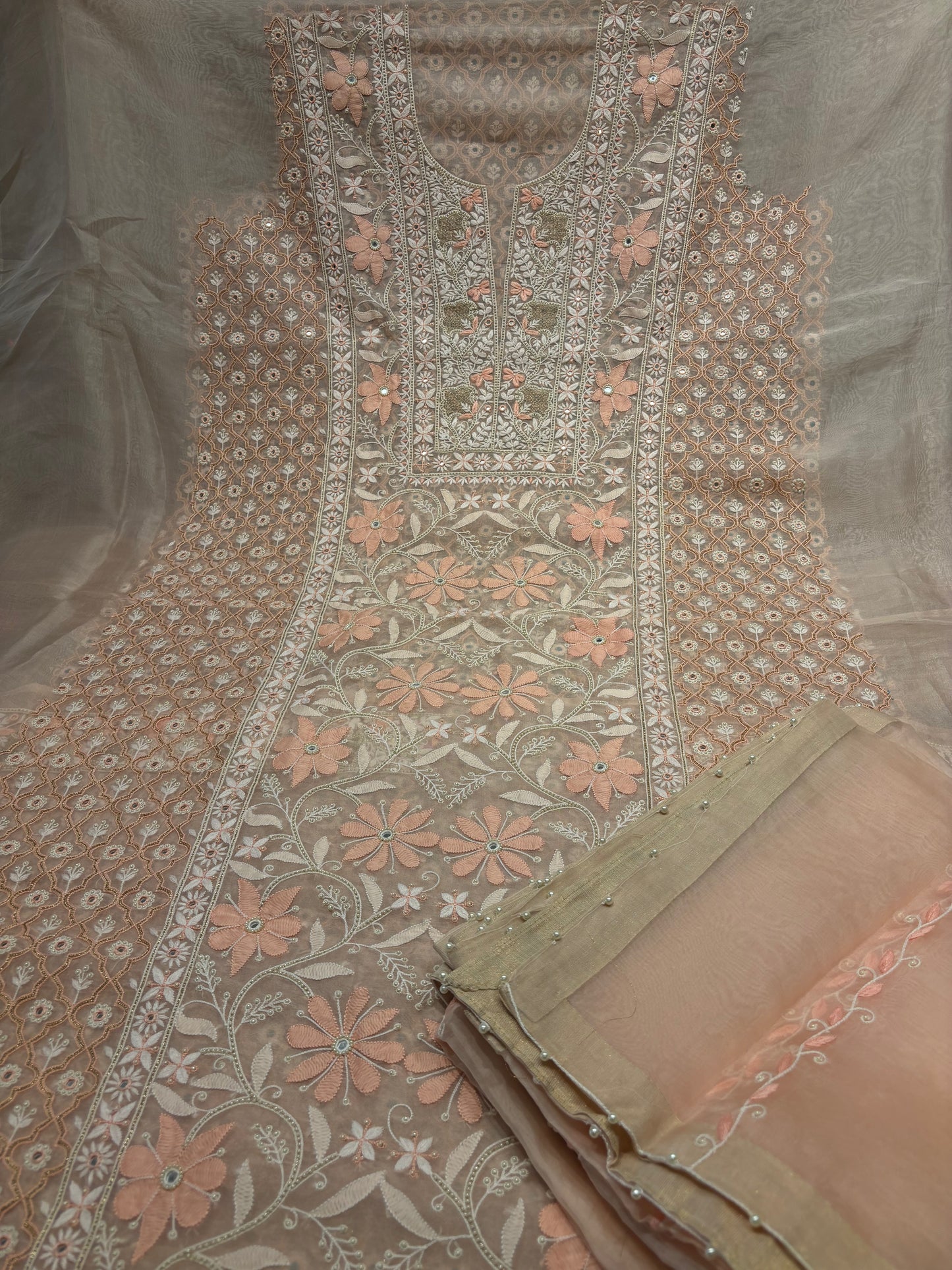 Nude Peach Organza Silk Chikankari Kurta and Dupatta Fabric