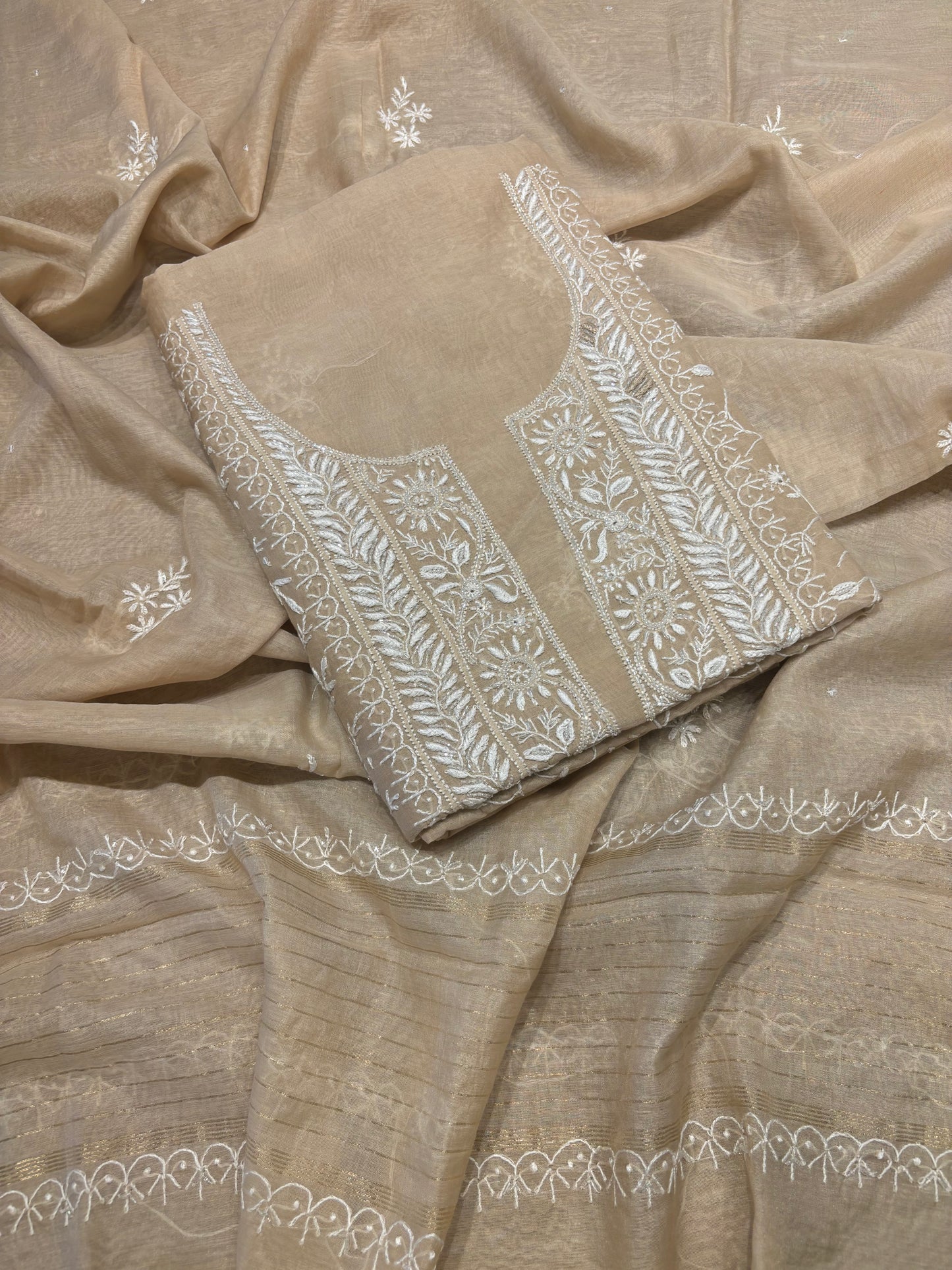 Caramel Chanderi Mul Chikankari Kurta and Dupatta Fabric