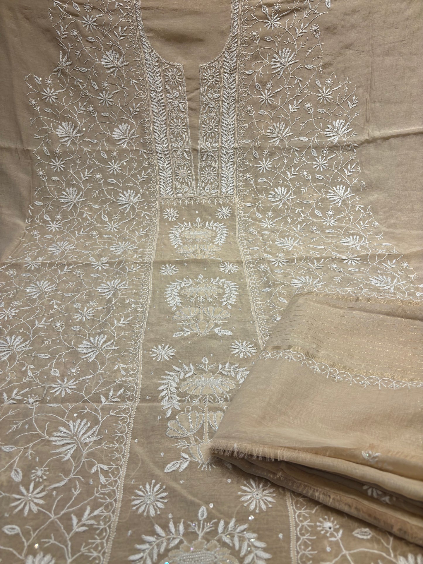 Caramel Chanderi Mul Chikankari Kurta and Dupatta Fabric