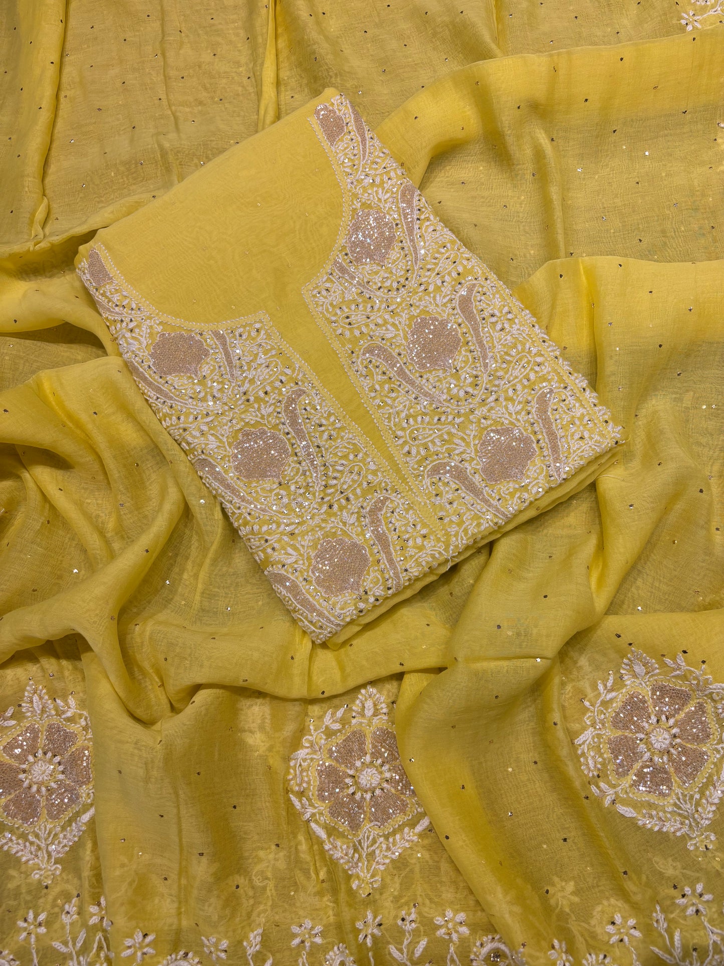 Lime Yellow Chanderi Mul Chikankari Kurta and Dupatta Fabric