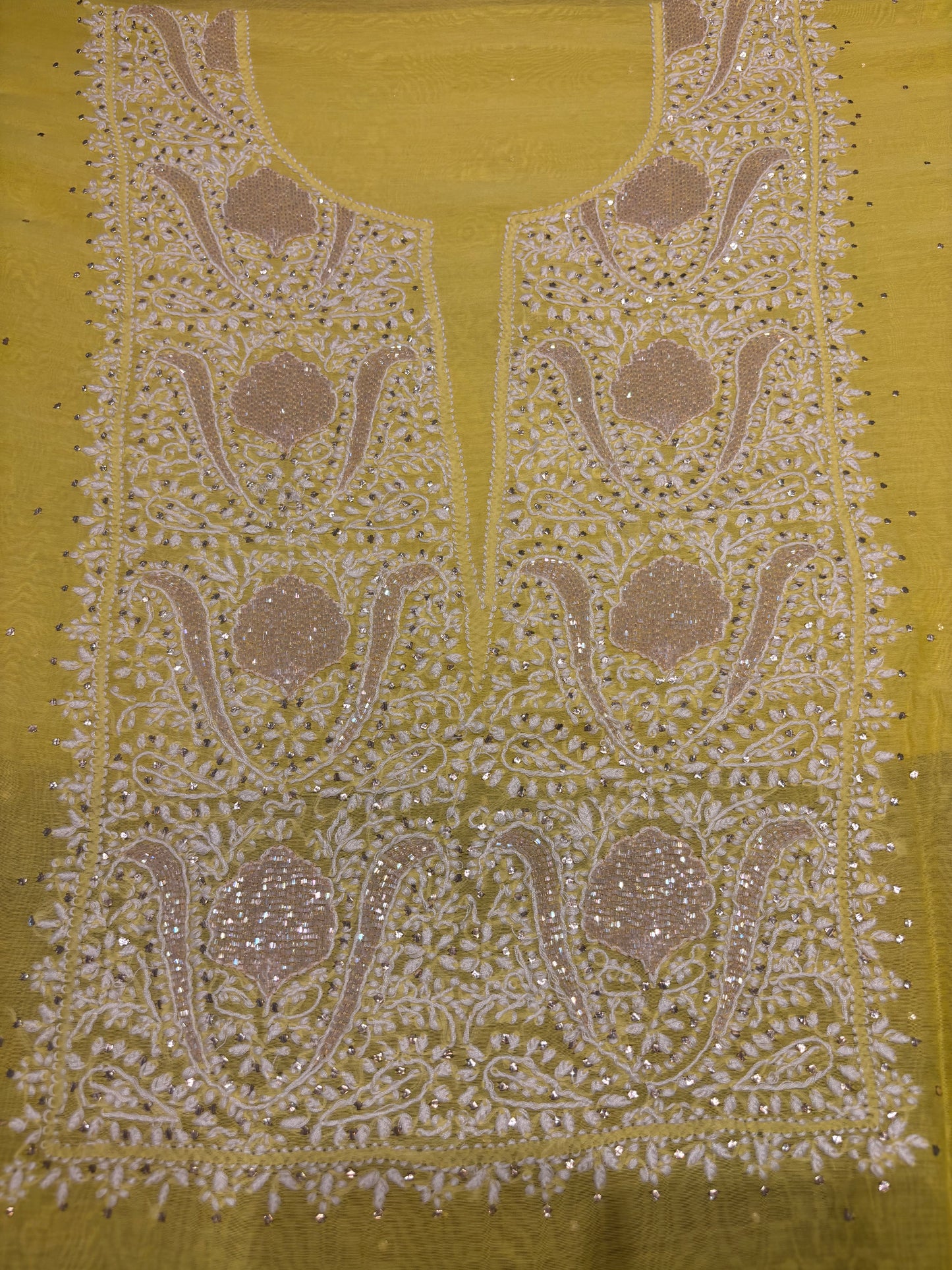 Lime Yellow Chanderi Mul Chikankari Kurta and Dupatta Fabric