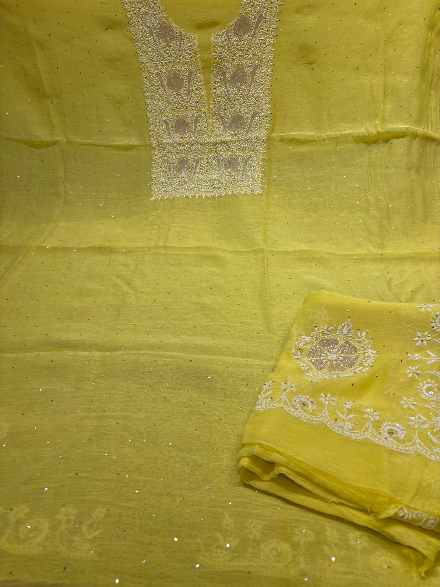 Lime Yellow Chanderi Mul Chikankari Kurta and Dupatta Fabric
