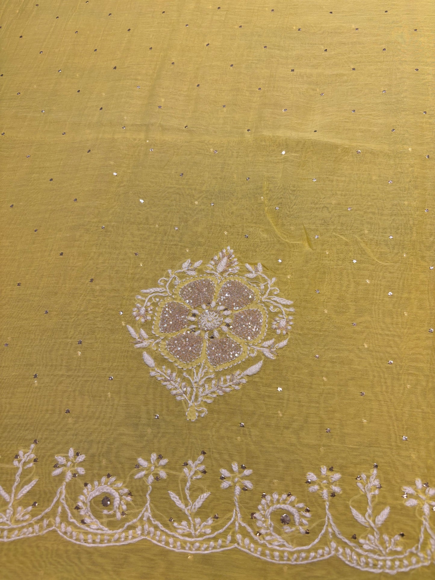 Lime Yellow Chanderi Mul Chikankari Kurta and Dupatta Fabric