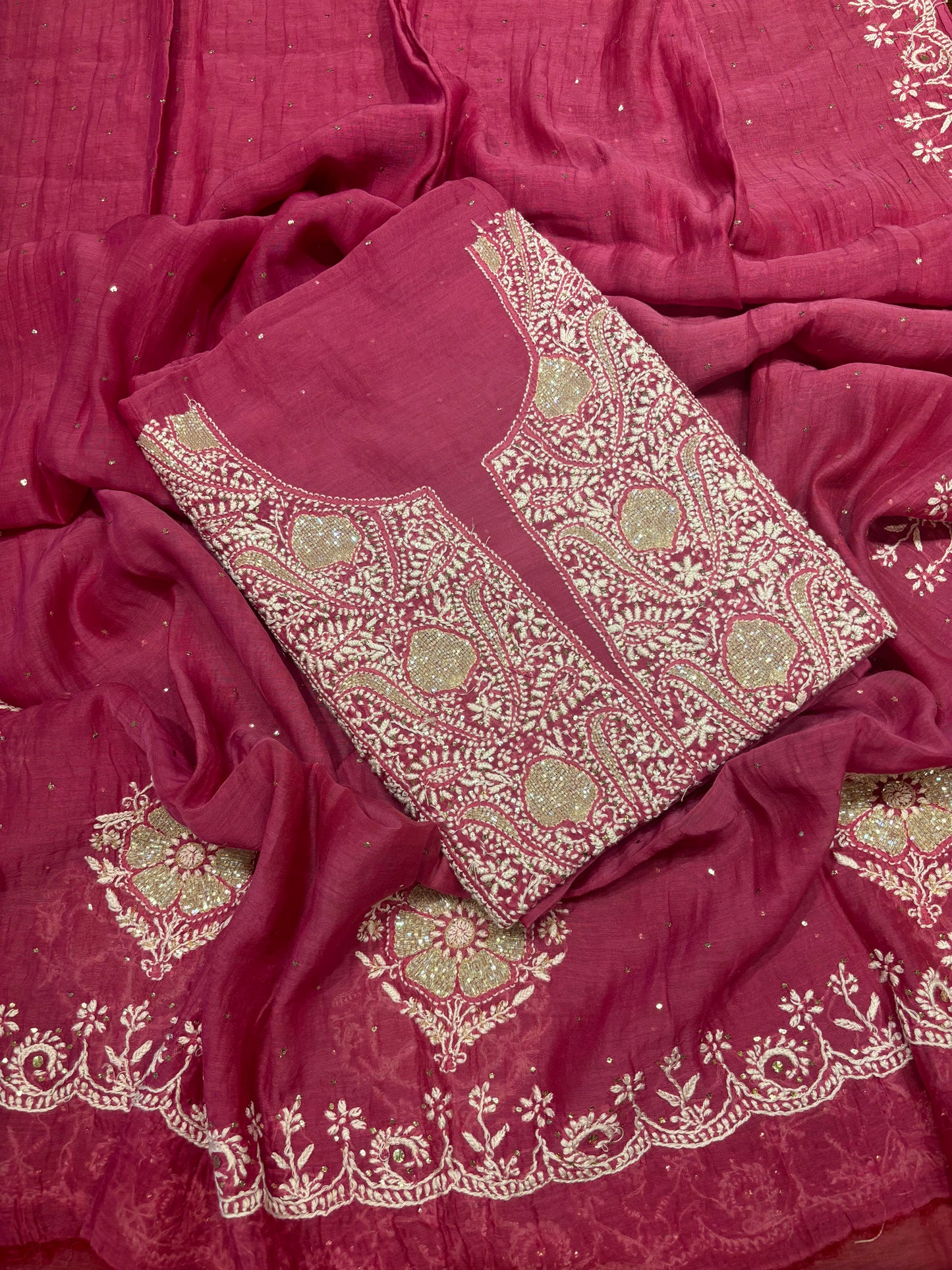 Magenta Chanderi Mul Chikankari Kurta and Dupatta Fabric