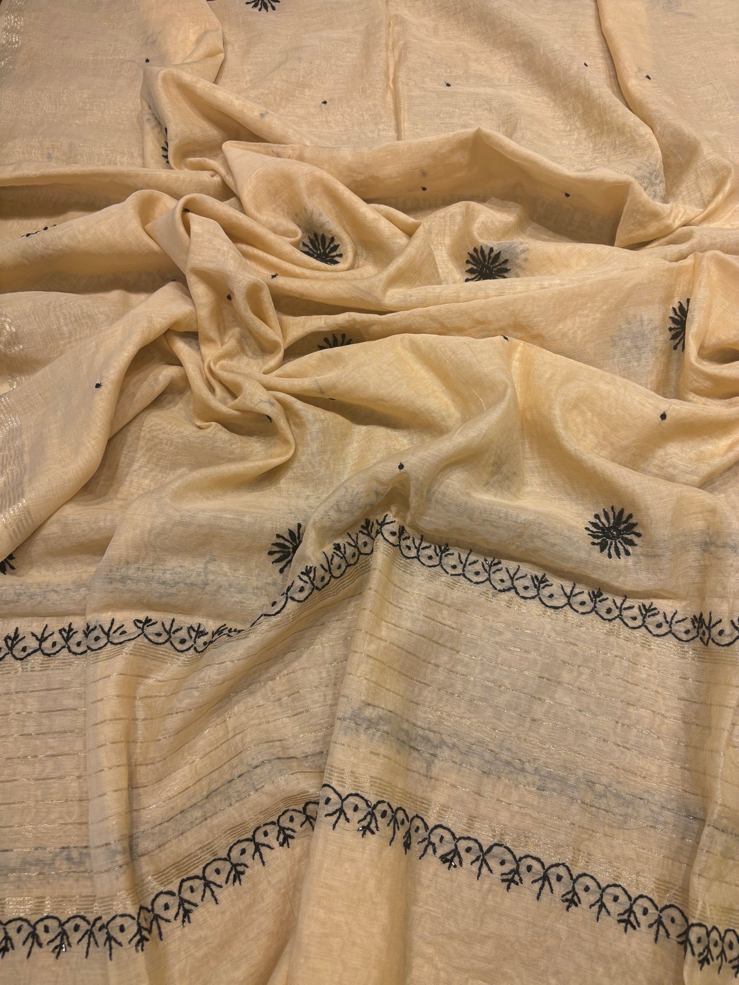 Beige and Black Chanderi Mul  Chikankari Kurta and Dupatta