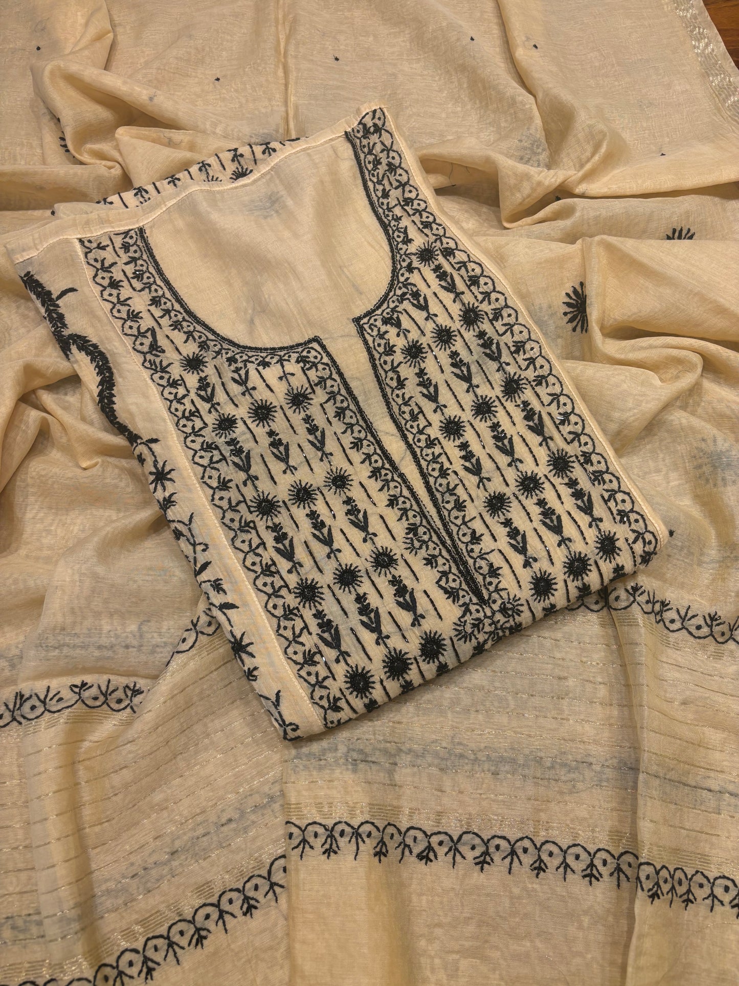 Beige and Black Chanderi Mul  Chikankari Kurta and Dupatta