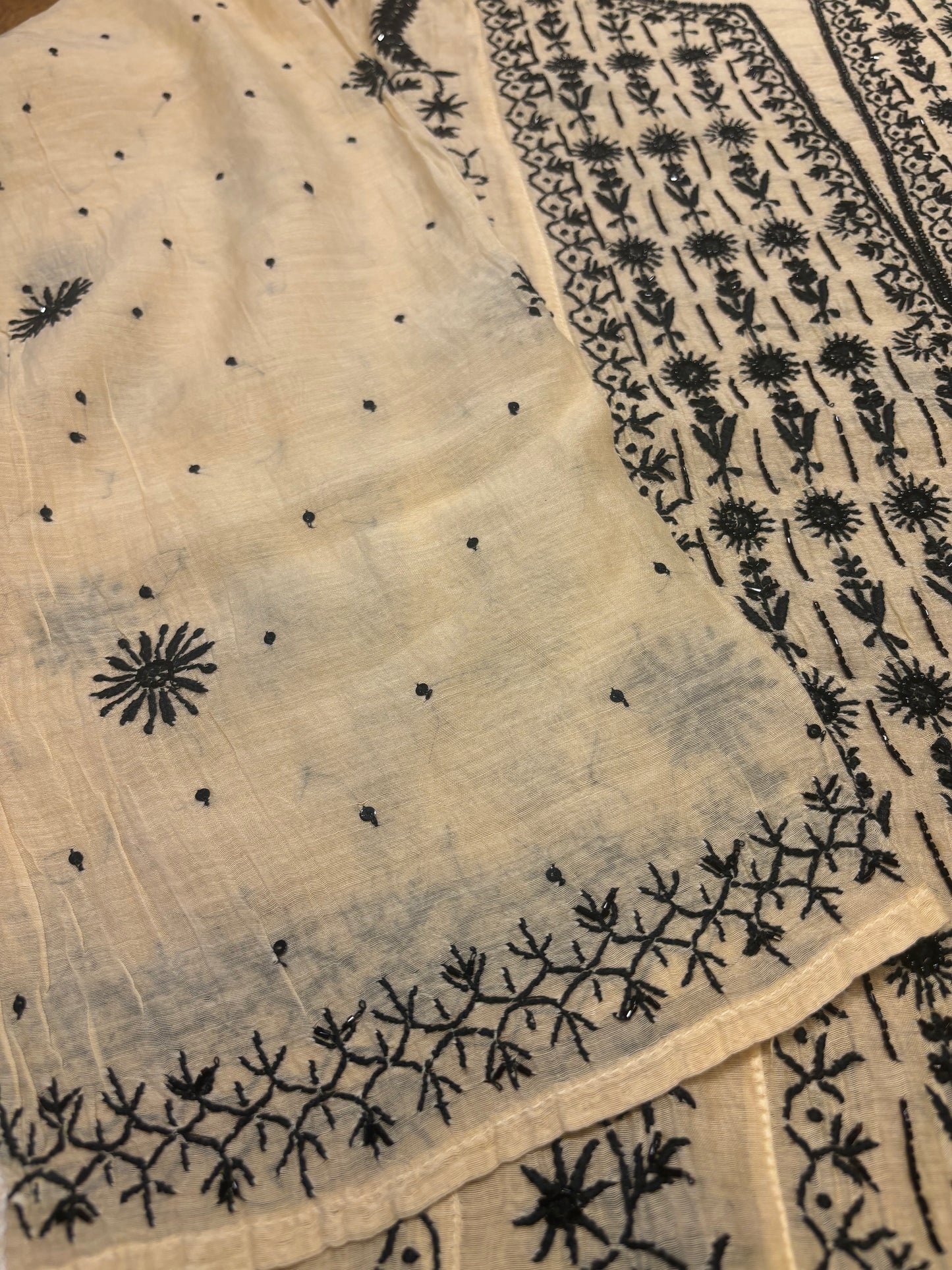 Beige and Black Chanderi Mul  Chikankari Kurta and Dupatta
