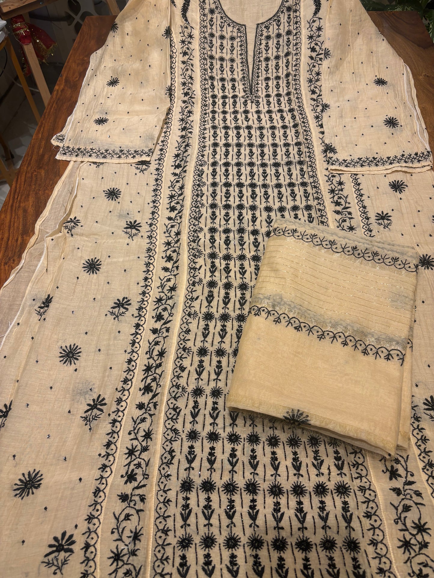 Beige and Black Chanderi Mul  Chikankari Kurta and Dupatta