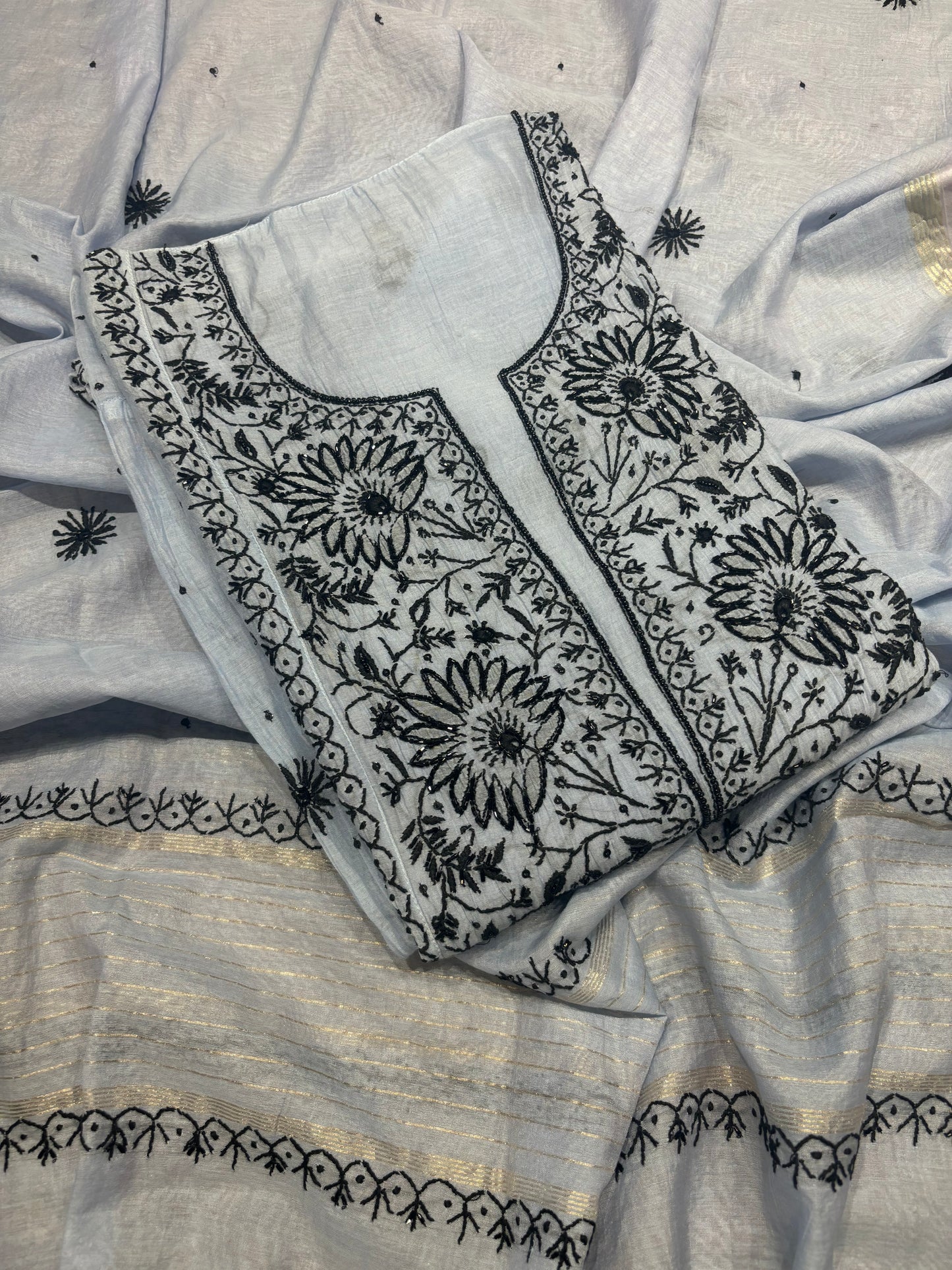 Ice Blue Chanderi Mul Chikankari Kurta and Dupatta