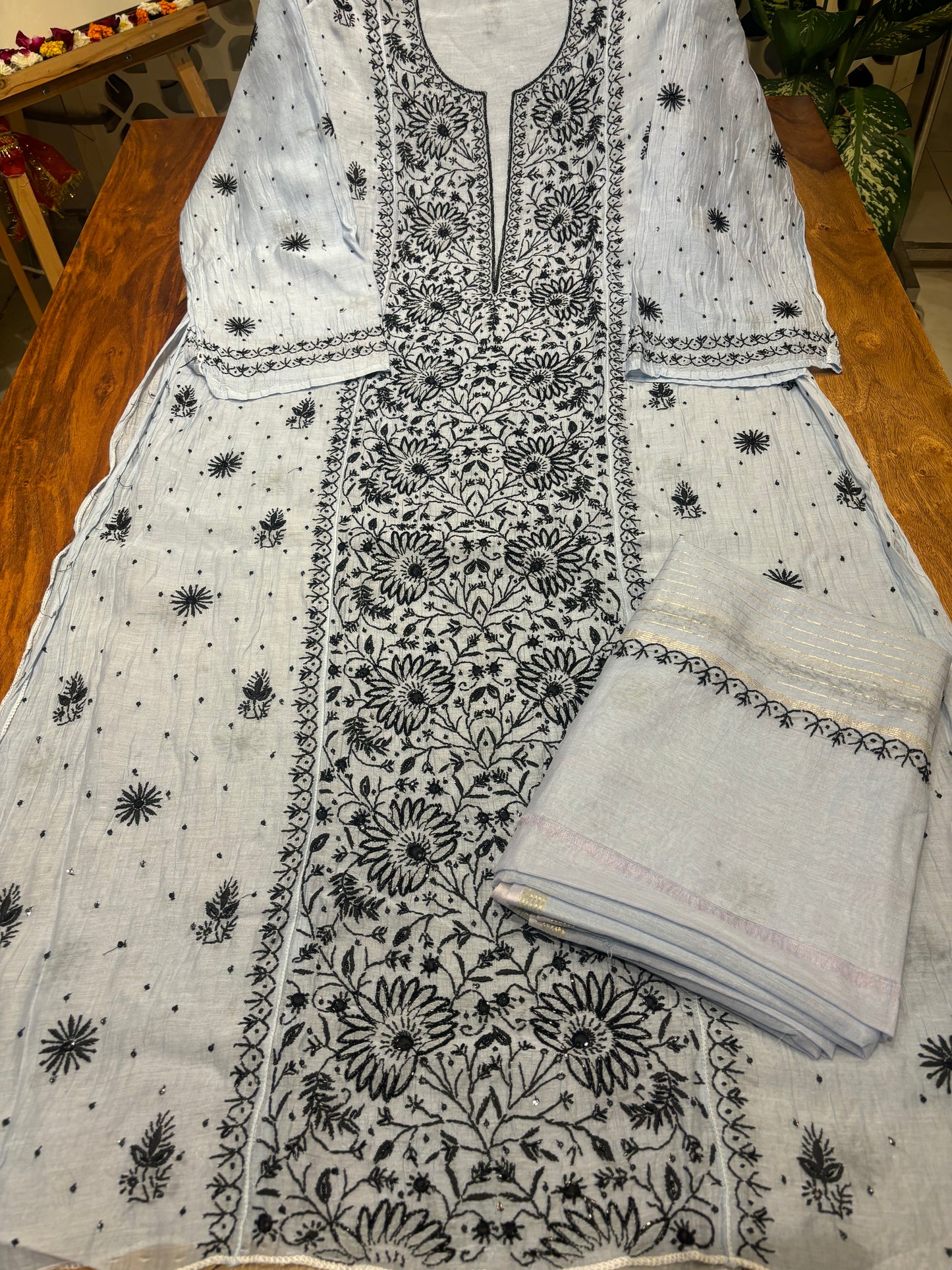 Ice Blue Chanderi Mul Chikankari Kurta and Dupatta