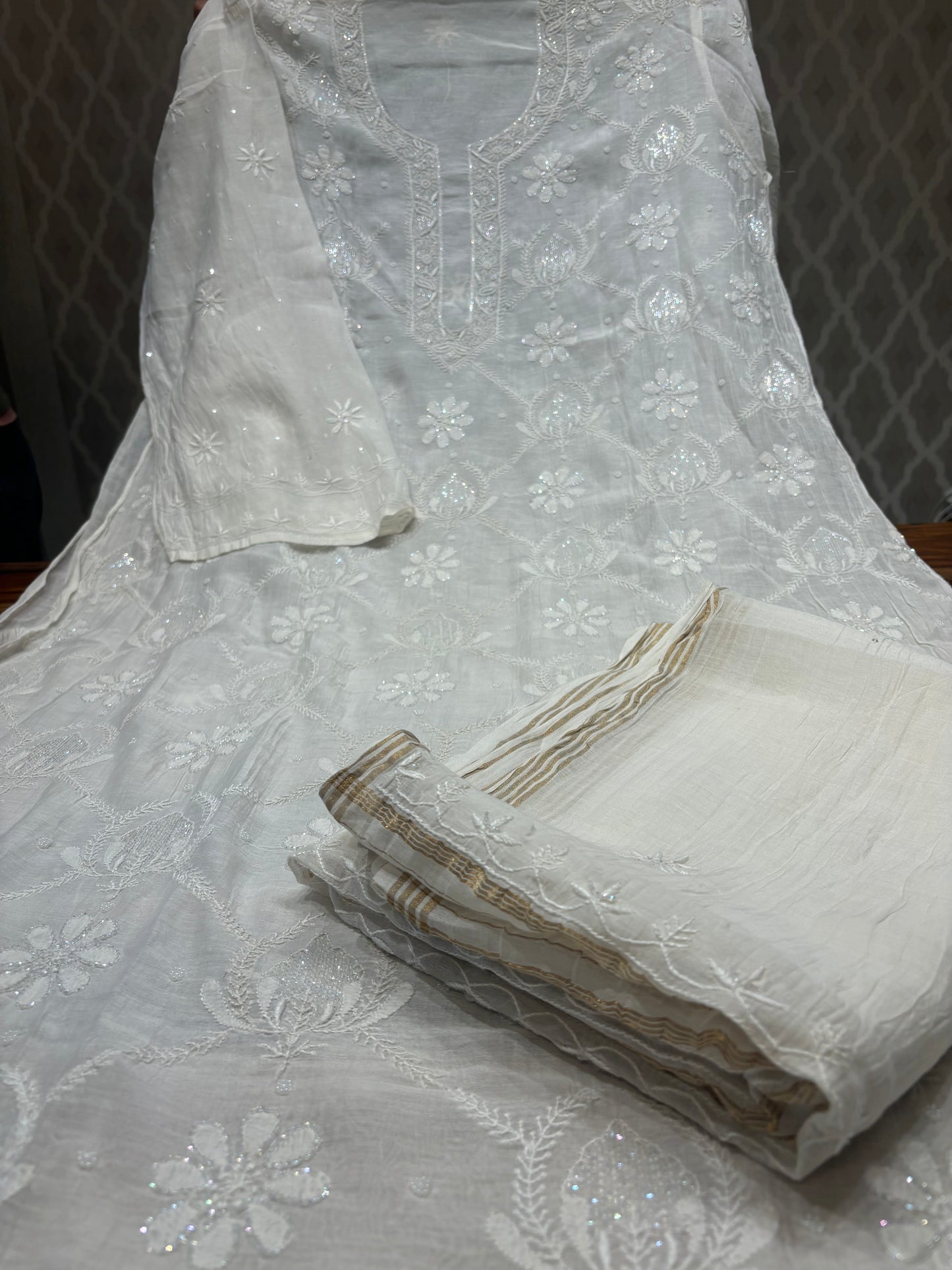Dyeable Chanderi Mul Chikankari Kurta and Dupatta