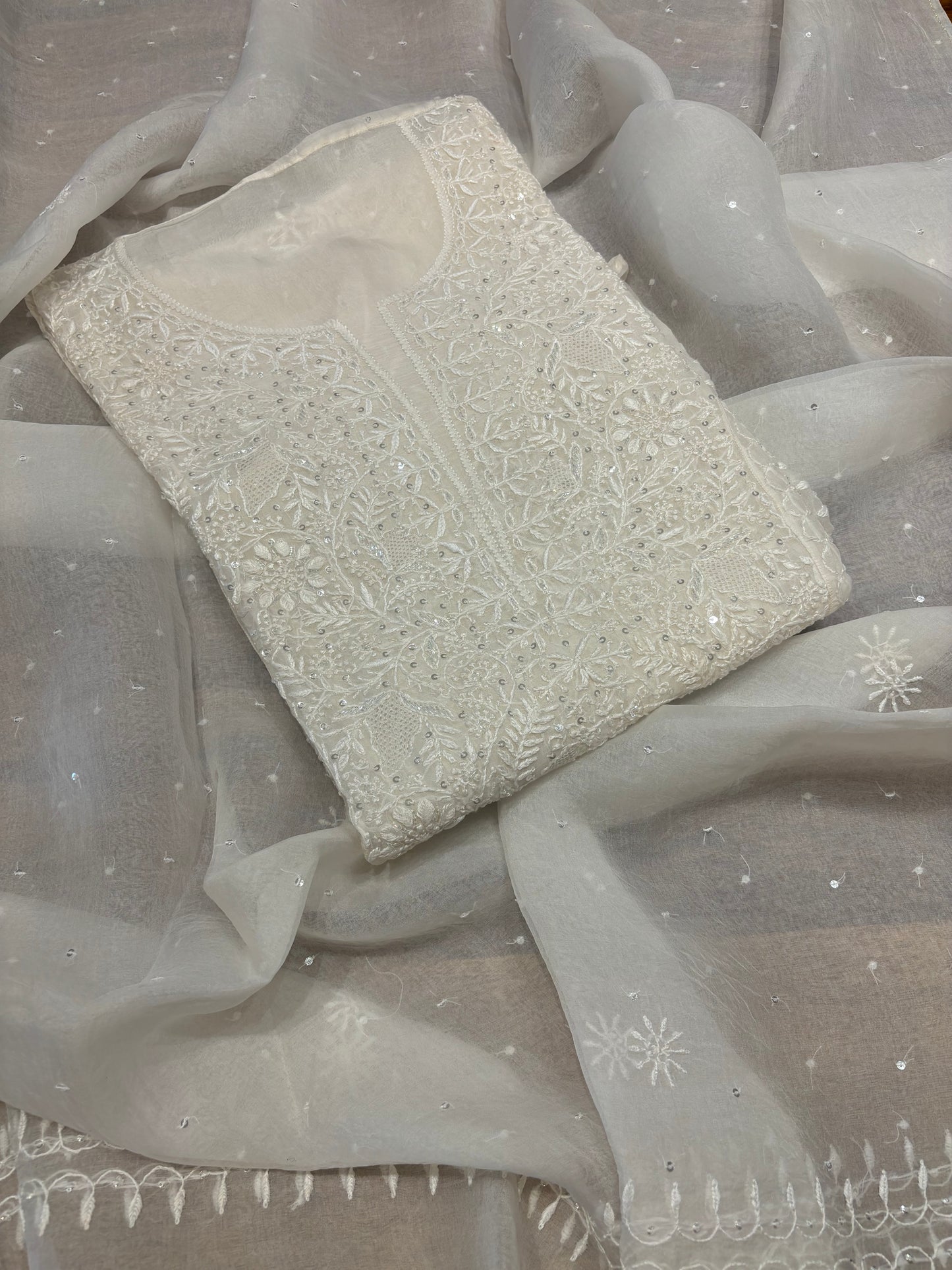 Dyeable Organza Silk Chikankari Kurta and Dupatta Fabric