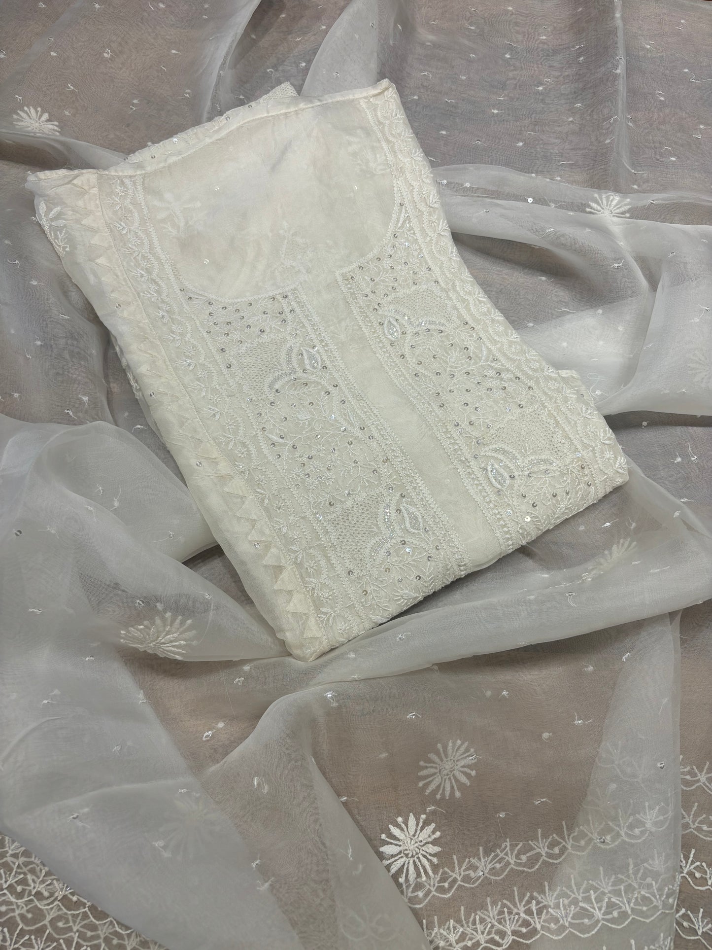 Dyeable Organza Silk Chikankari Kurta and Dupatta Fabric