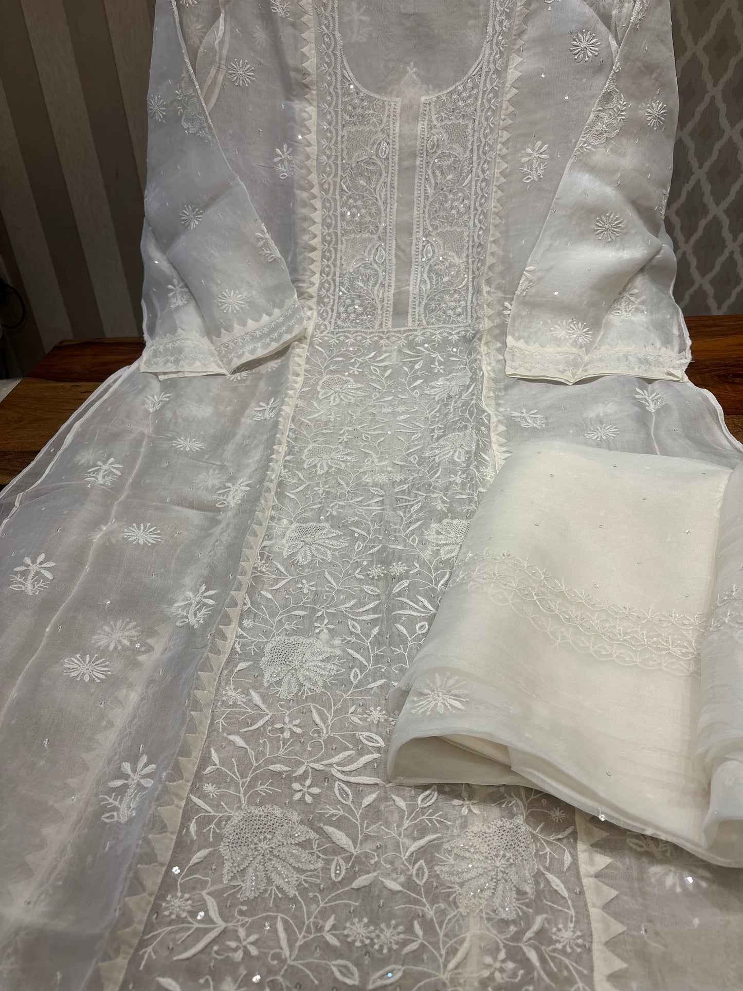Dyeable Organza Silk Chikankari Kurta and Dupatta Fabric