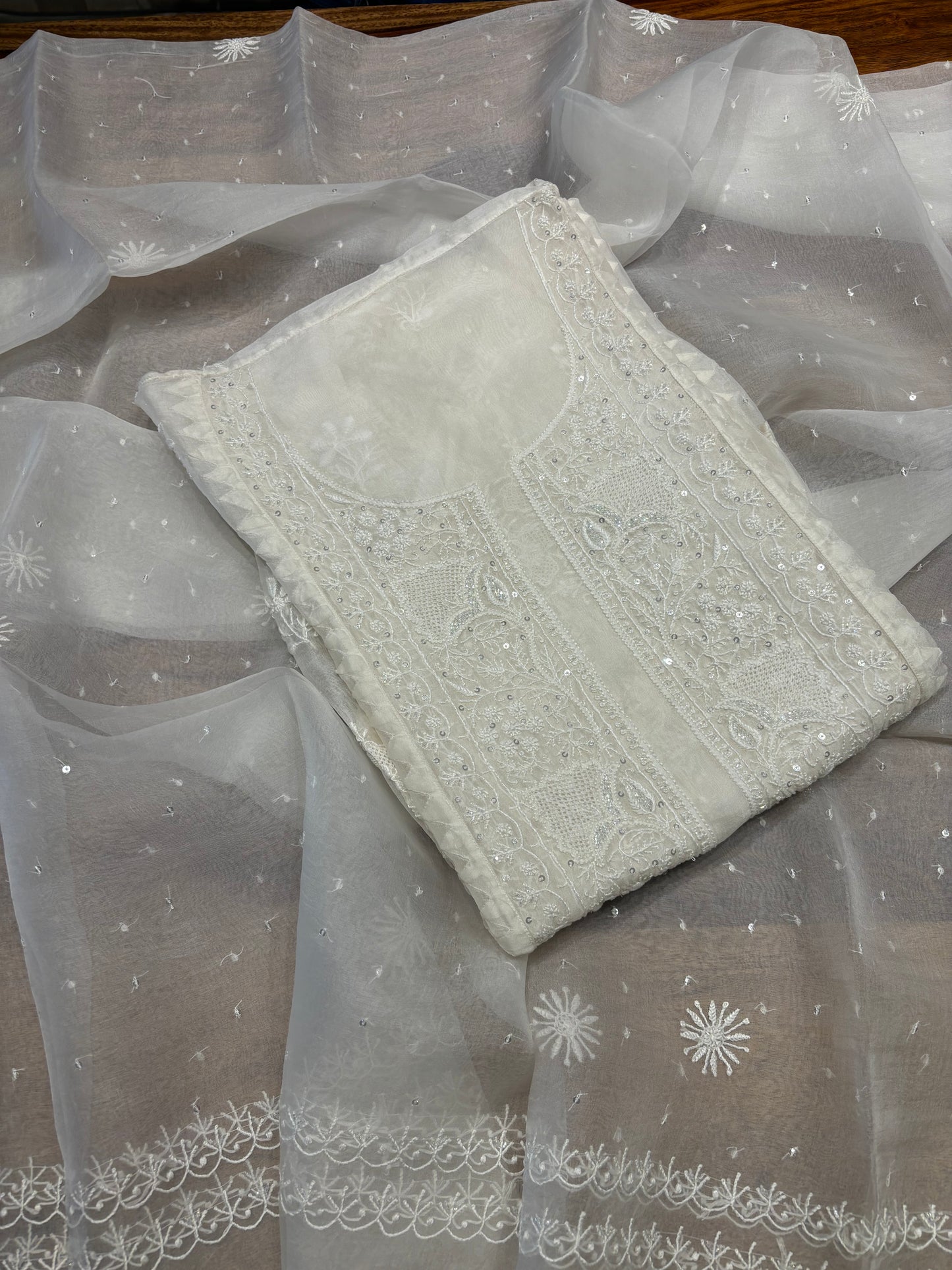 Dyeable Organza Silk Chikankari Kurta and Dupatta Fabric