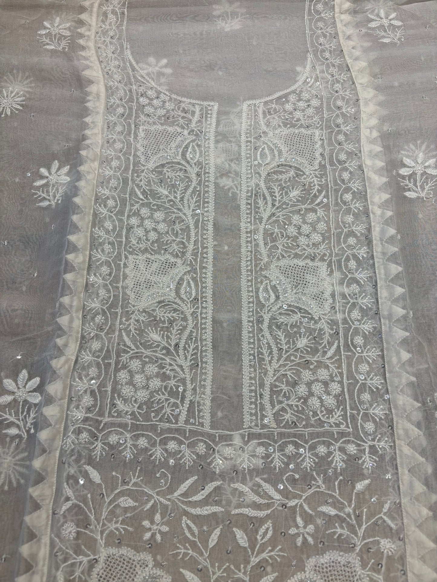 Dyeable Organza Silk Chikankari Kurta and Dupatta Fabric