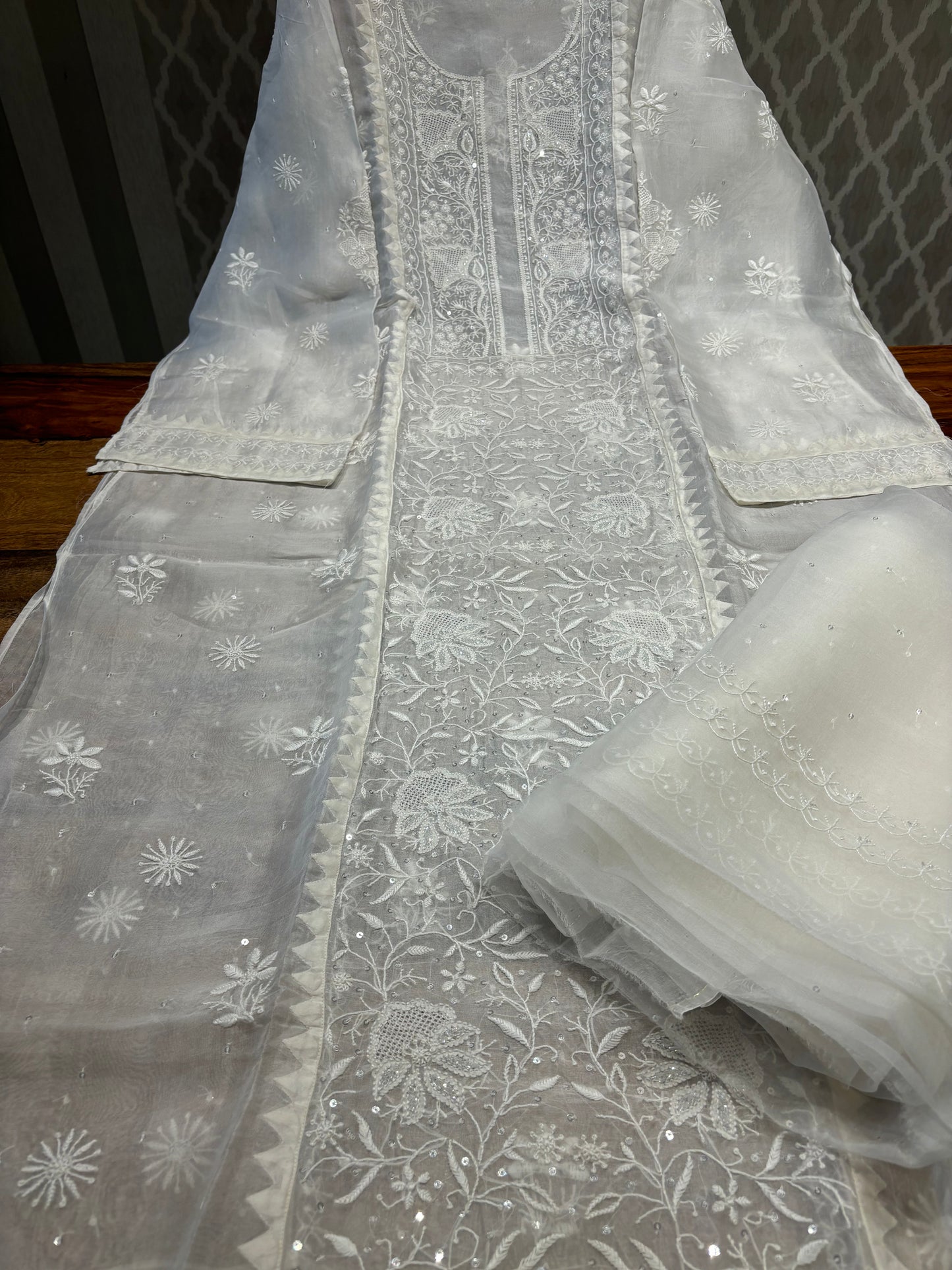 Dyeable Organza Silk Chikankari Kurta and Dupatta Fabric
