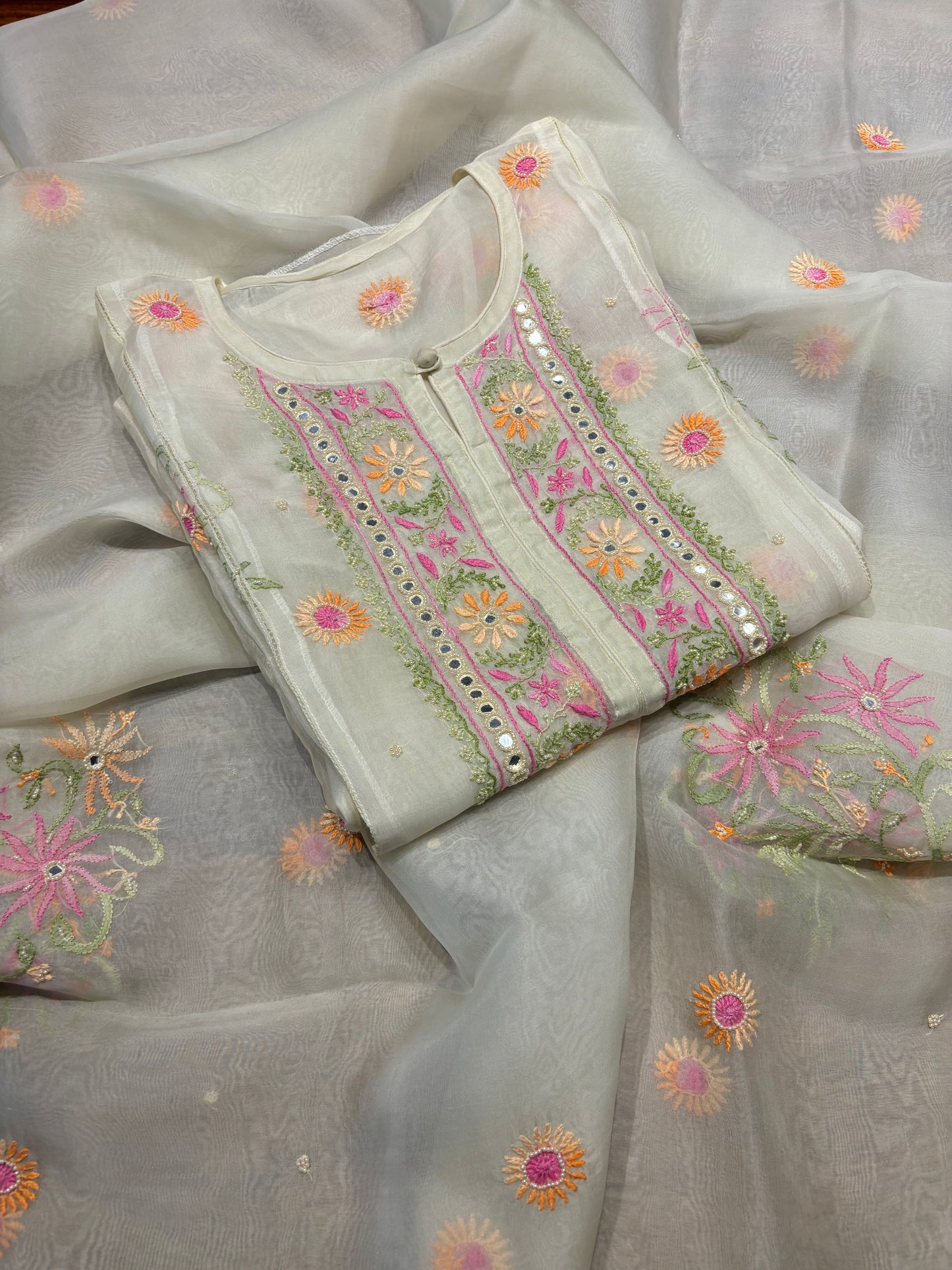 Mint Green Organza Silk Chikankari Kurta and Dupatta