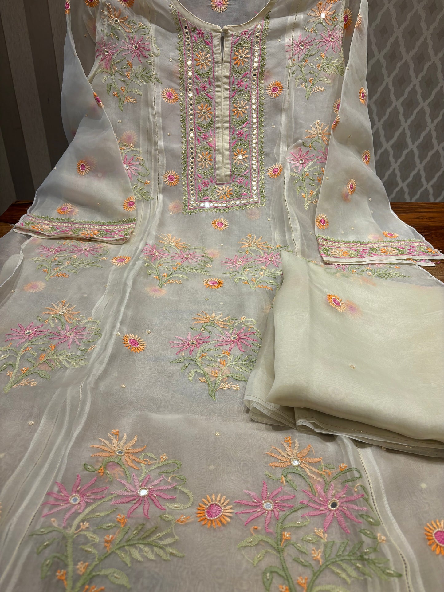 Mint Green Organza Silk Chikankari Kurta and Dupatta