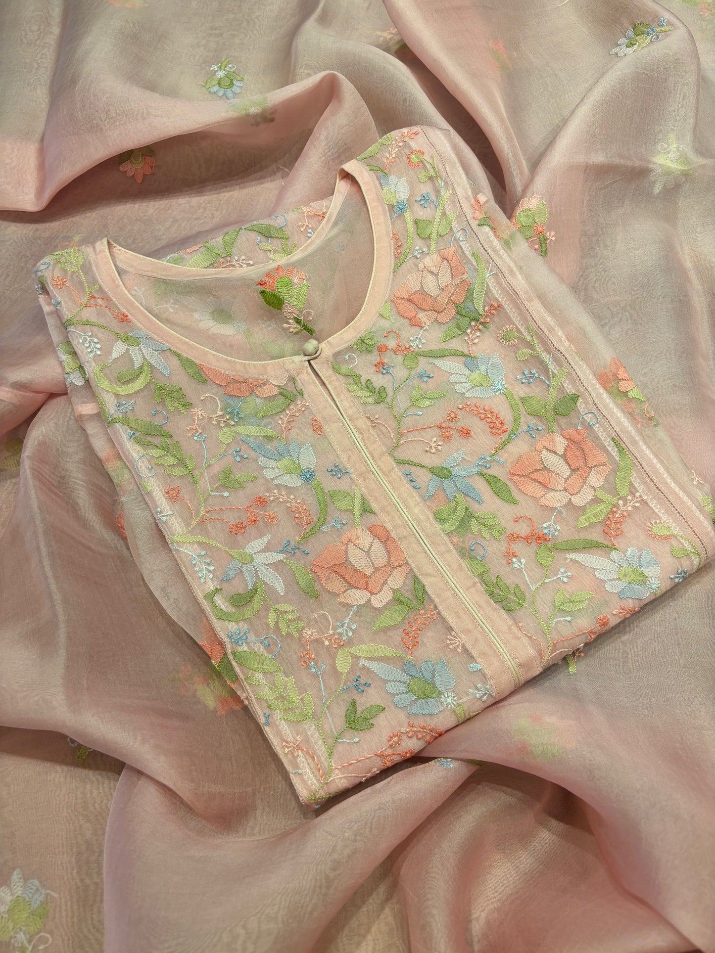 Baby Pink Organza Silk Chikankari Kurta and Dupatta