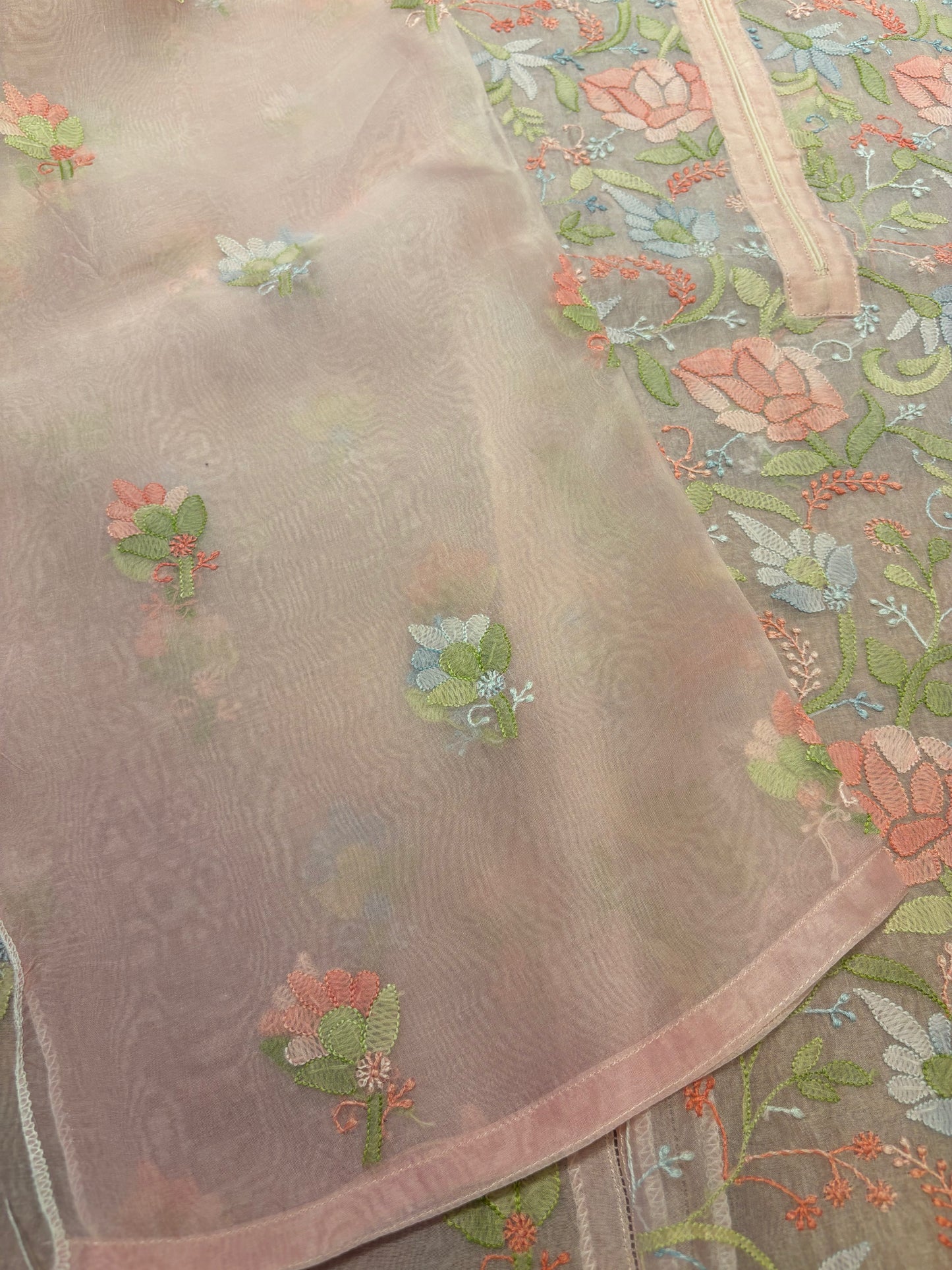 Baby Pink Organza Silk Chikankari Kurta and Dupatta