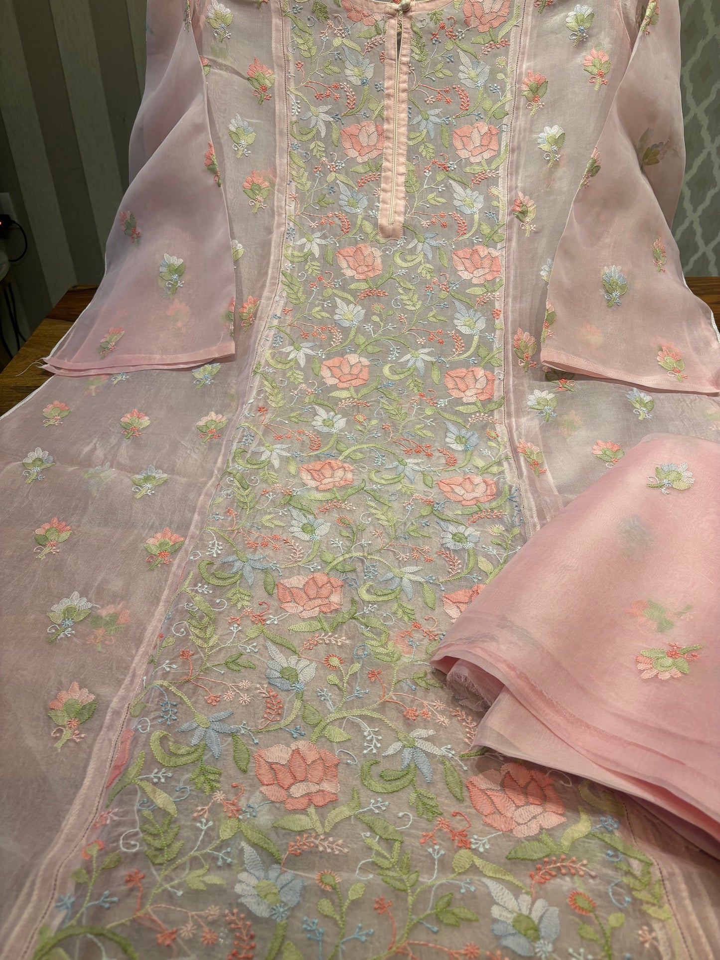 Baby Pink Organza Silk Chikankari Kurta and Dupatta