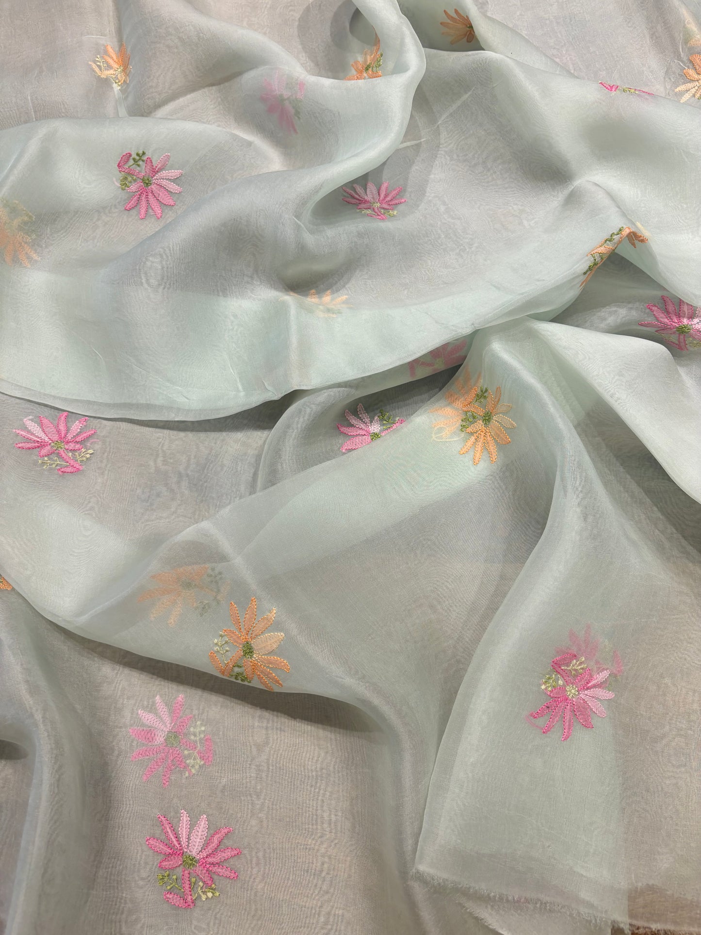 Sea Foam Green Organza Silk Chikankari Kurta and Dupatta