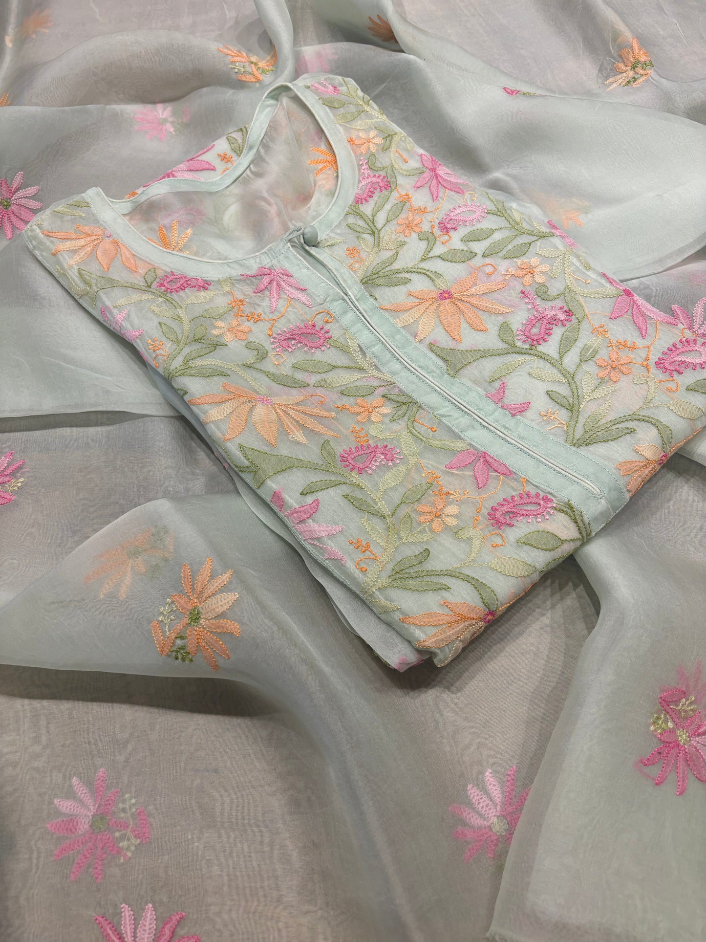 Sea Foam Green Organza Silk Chikankari Kurta and Dupatta