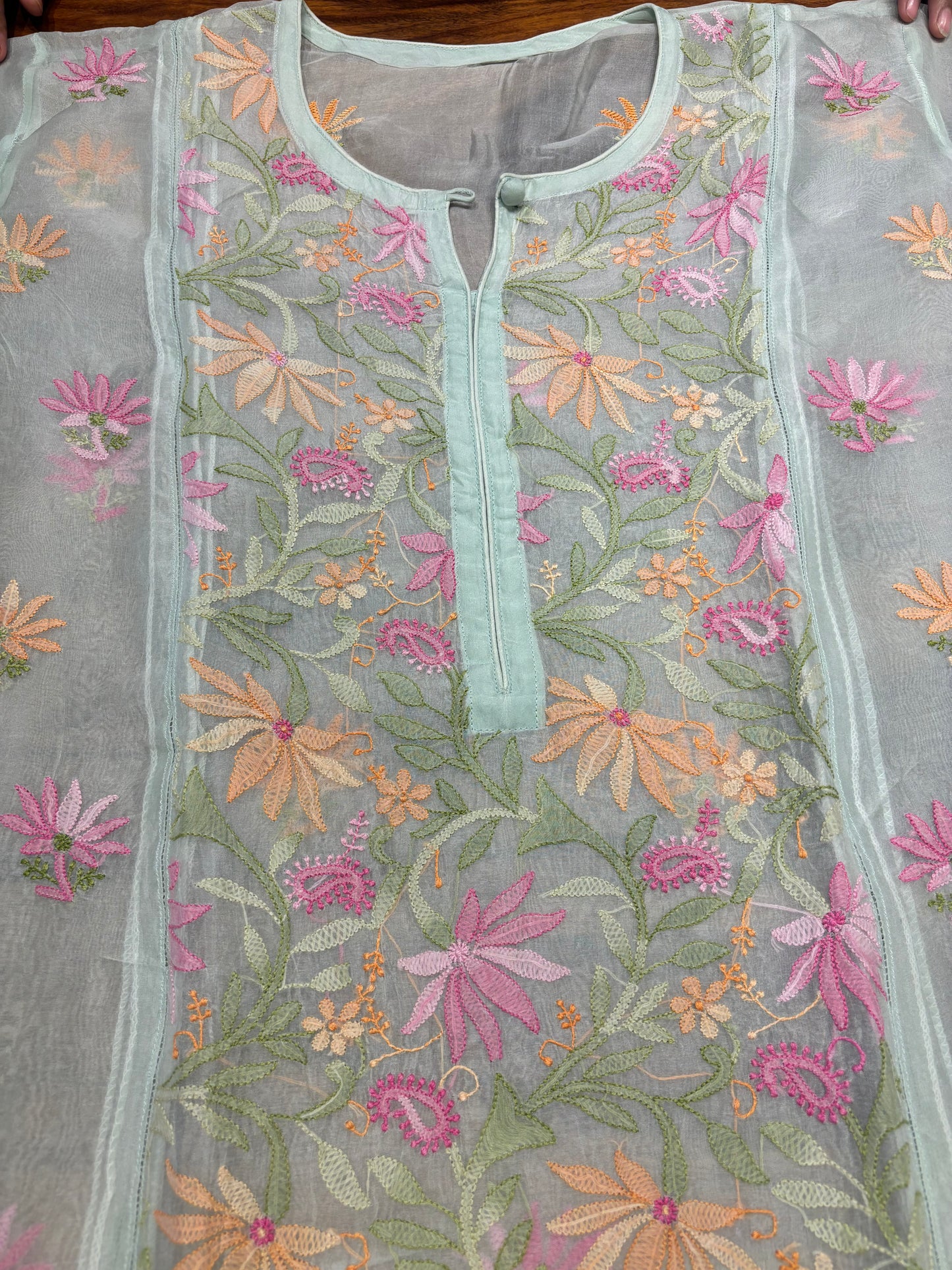 Sea Foam Green Organza Silk Chikankari Kurta and Dupatta