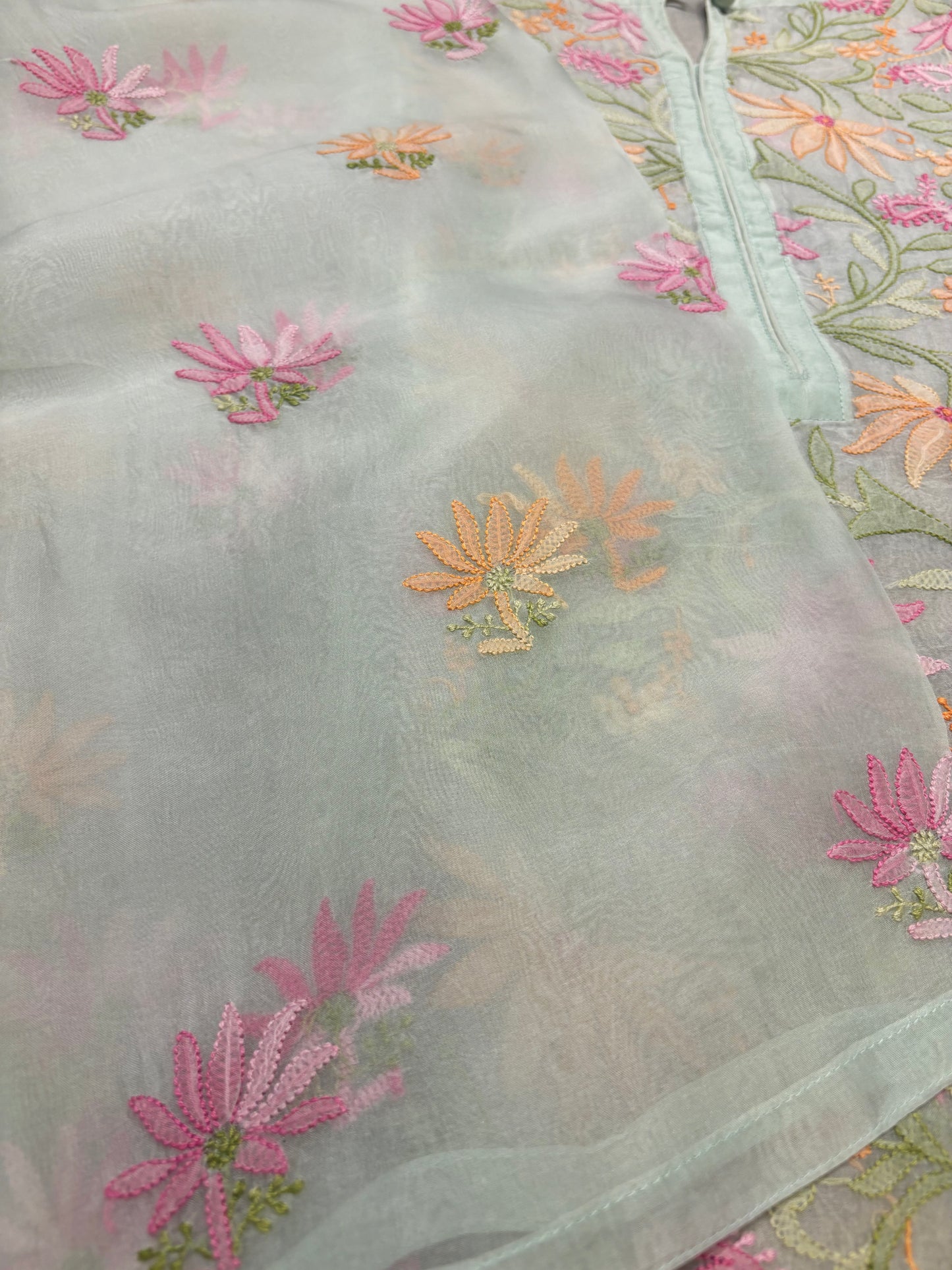 Sea Foam Green Organza Silk Chikankari Kurta and Dupatta
